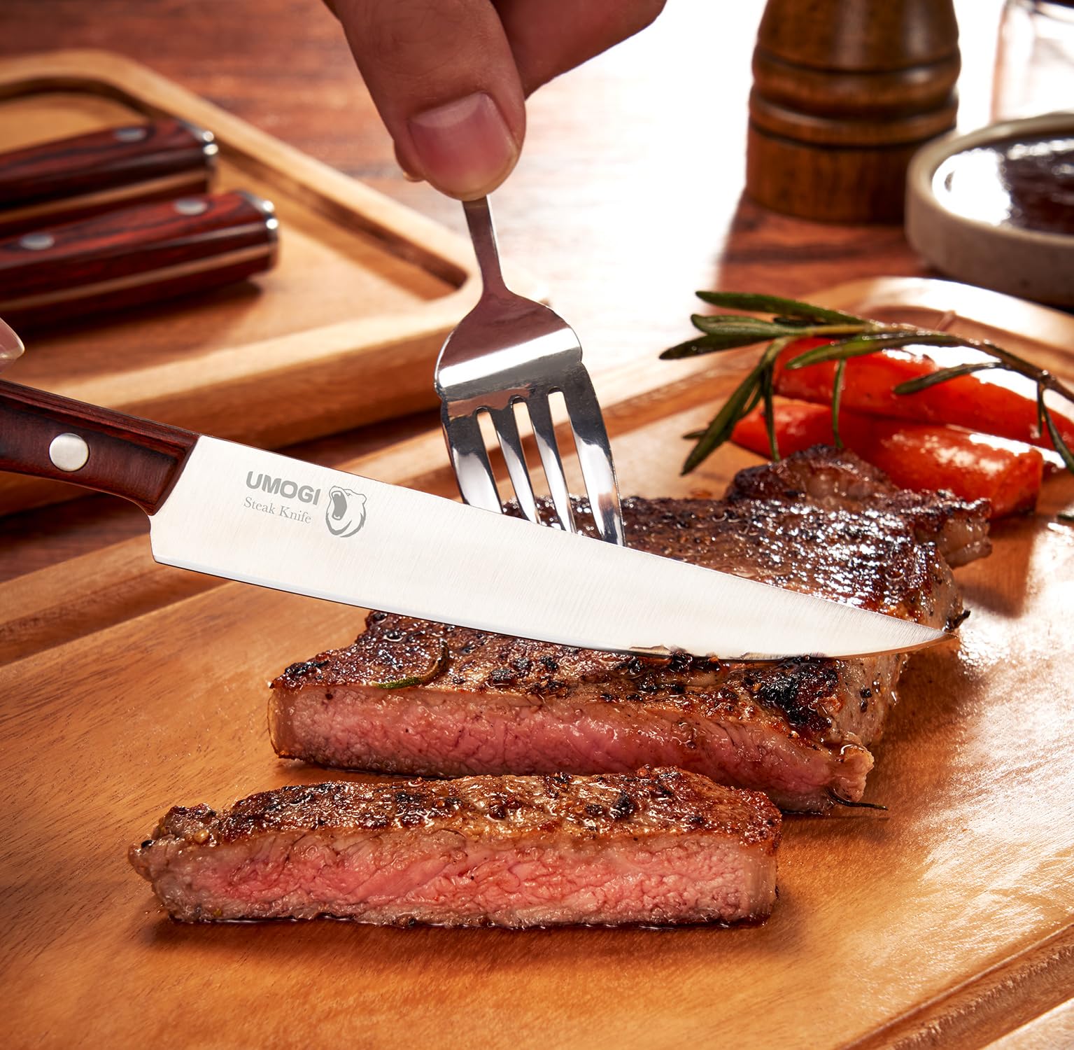 UMOGI Premium Steak Knives Set of 6 in Gift Box - Polished Wood Handle, HC German Stainless Steel, Straight Edge Non Serrated - 4.8''Dinner Knife, Kitchen Tableware Knives Cutlery Set