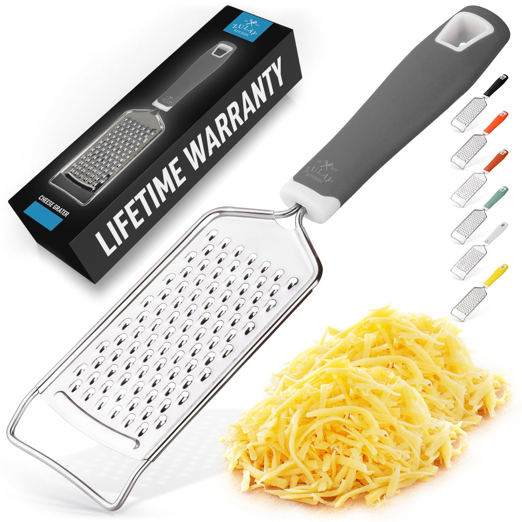Zulay Kitchen Professional Cheese Grater Stainless Steel - Durable Rust-Proof Metal Lemon Zester Grater With Handle - Flat Handheld Grater For Cheese, Chocolate, Spices, And More - Grey