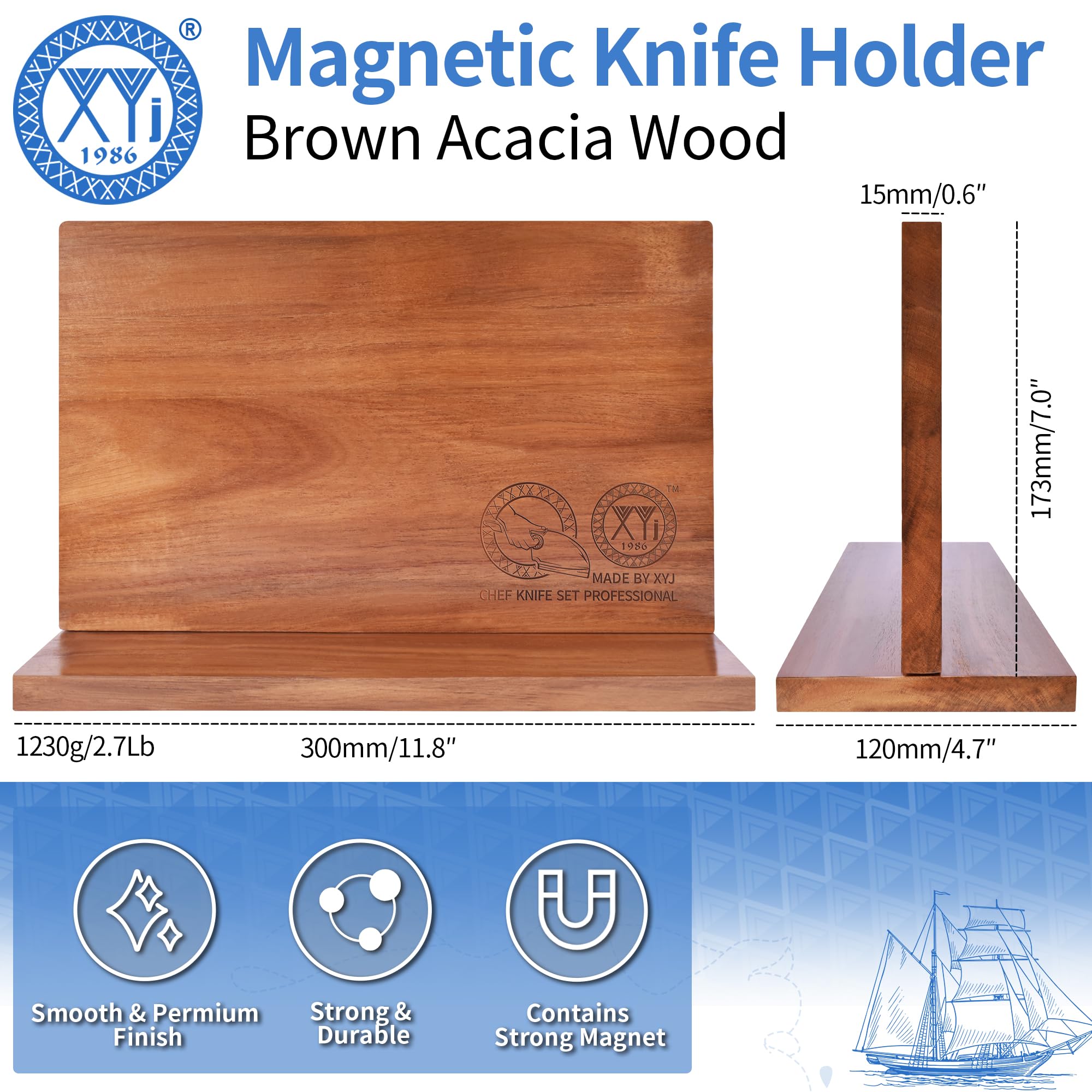 XYJ Magnetic Knife Block, Acacia Wood Knife Holder with Strong Magnets