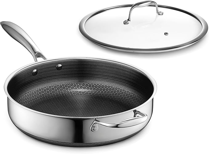 HexClad 4.5 Quart Hybrid Nonstick Deep Sauté Frying Pan with Lid, Dishwasher and Oven-Safe, Induction Ready, Compatible with All Cooktops