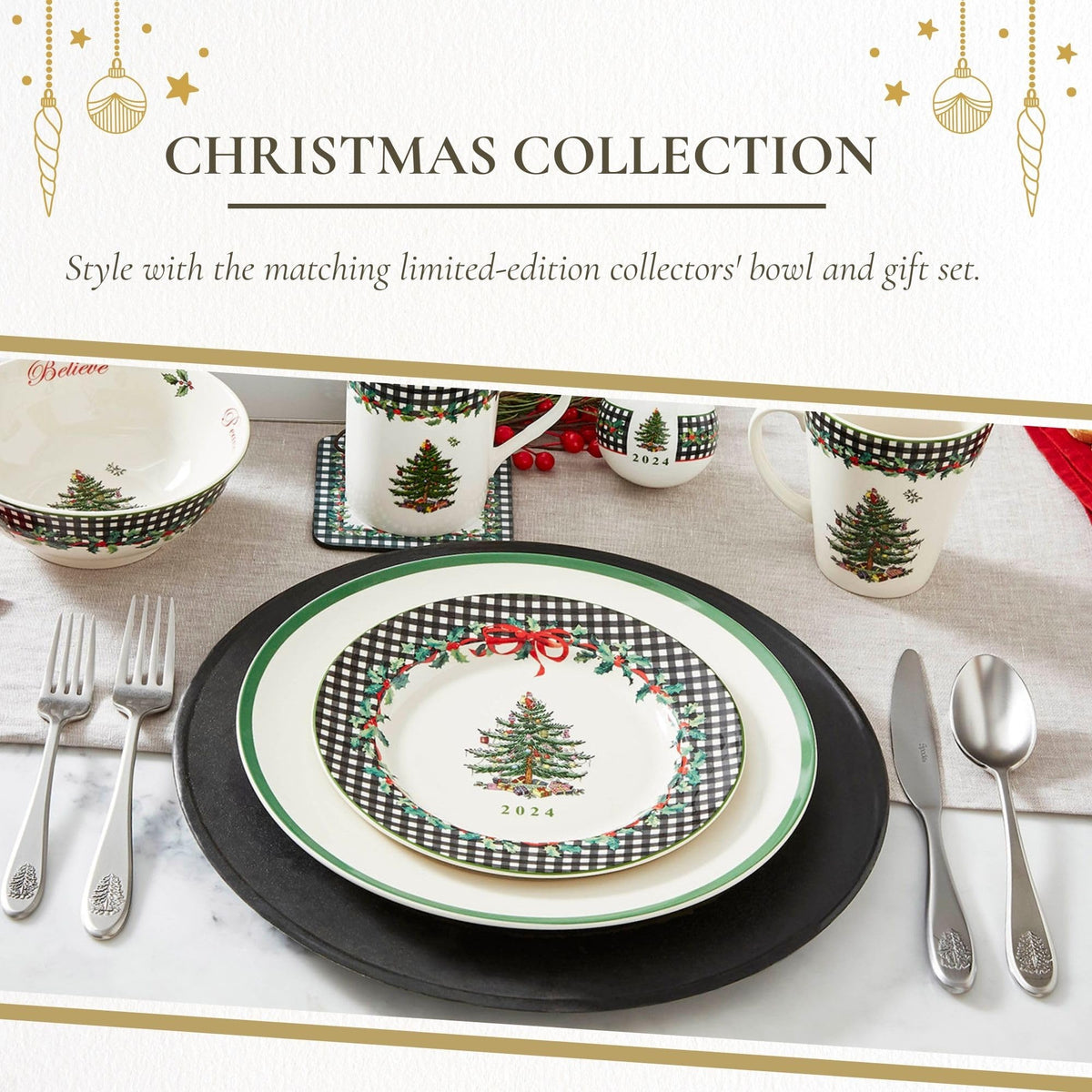 Spode Christmas Tree Collector Plate - Exclusive Border with Red Ribbon & Black Check, Seasonal Display or Holiday Tableware Use, 8" Porcelain Plate - Microwave & Dishwasher Safe, Great Holiday Gift