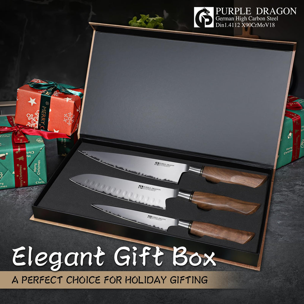 Purple Dragon Knife Set, 3Pcs Kitchen Knives Set - Santoku Knife