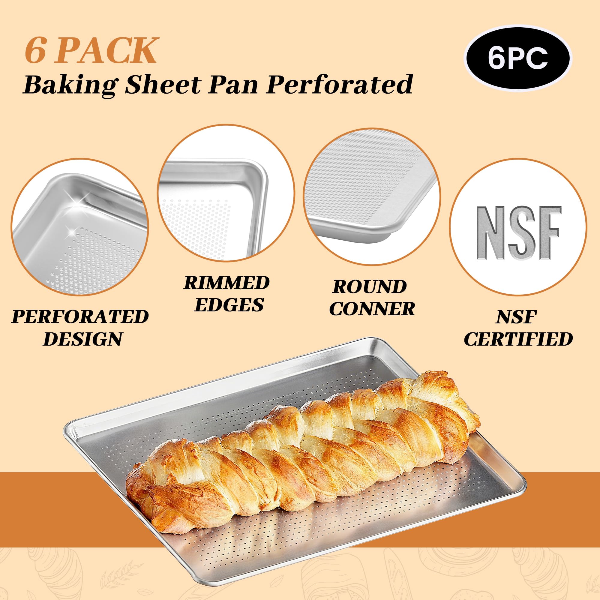 STEELUS 6 Pack Perforated Half Size Aluminum Baking Sheet Pans, 18"x13"