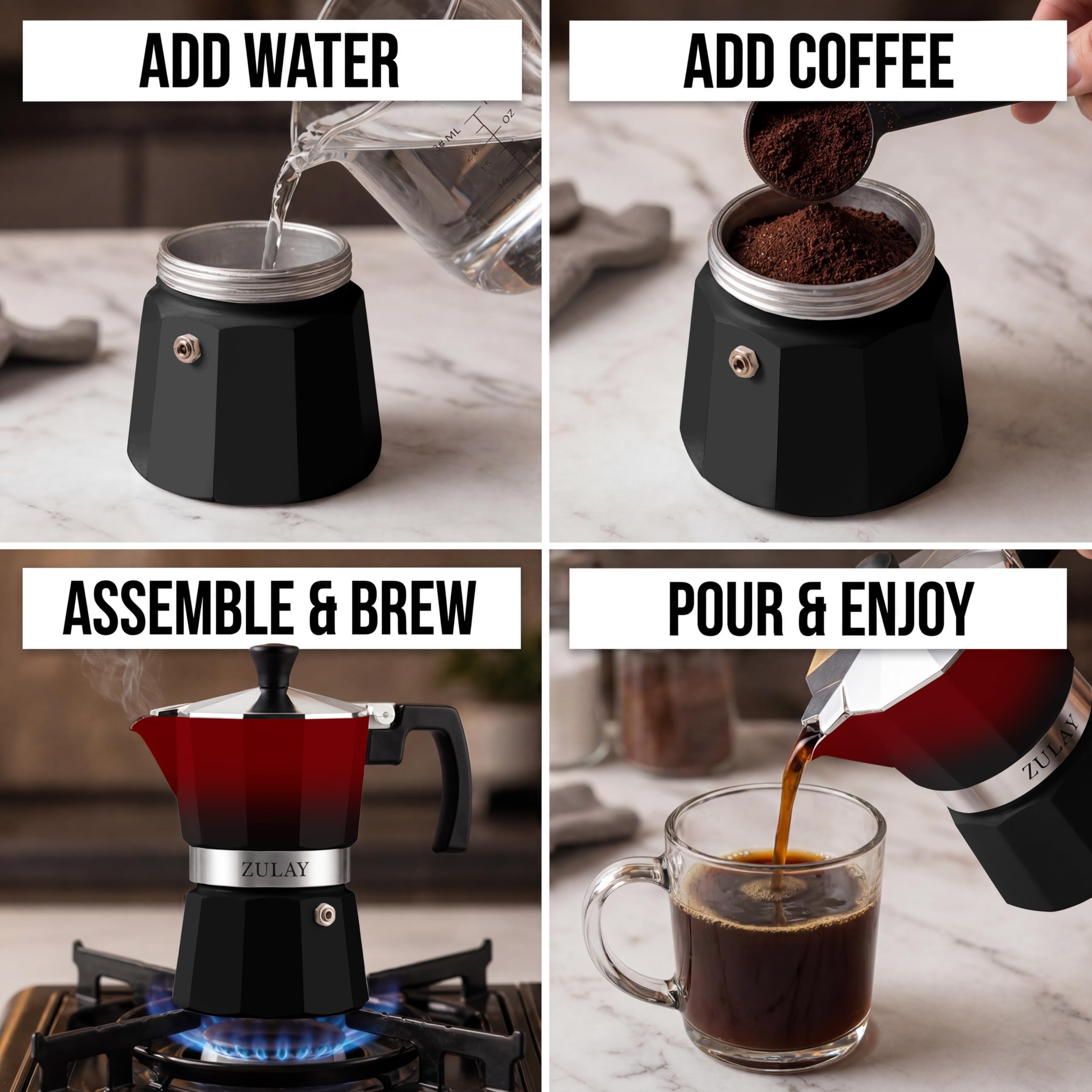 Zulay Kitchen Stovetop Espresso Maker - Moka Pot 3 Espresso Cups - Percolator Coffee Maker for Classic Cuban & Italian Style Espresso - Portable Coffee Maker for Camping & Travel - (Red/Black)