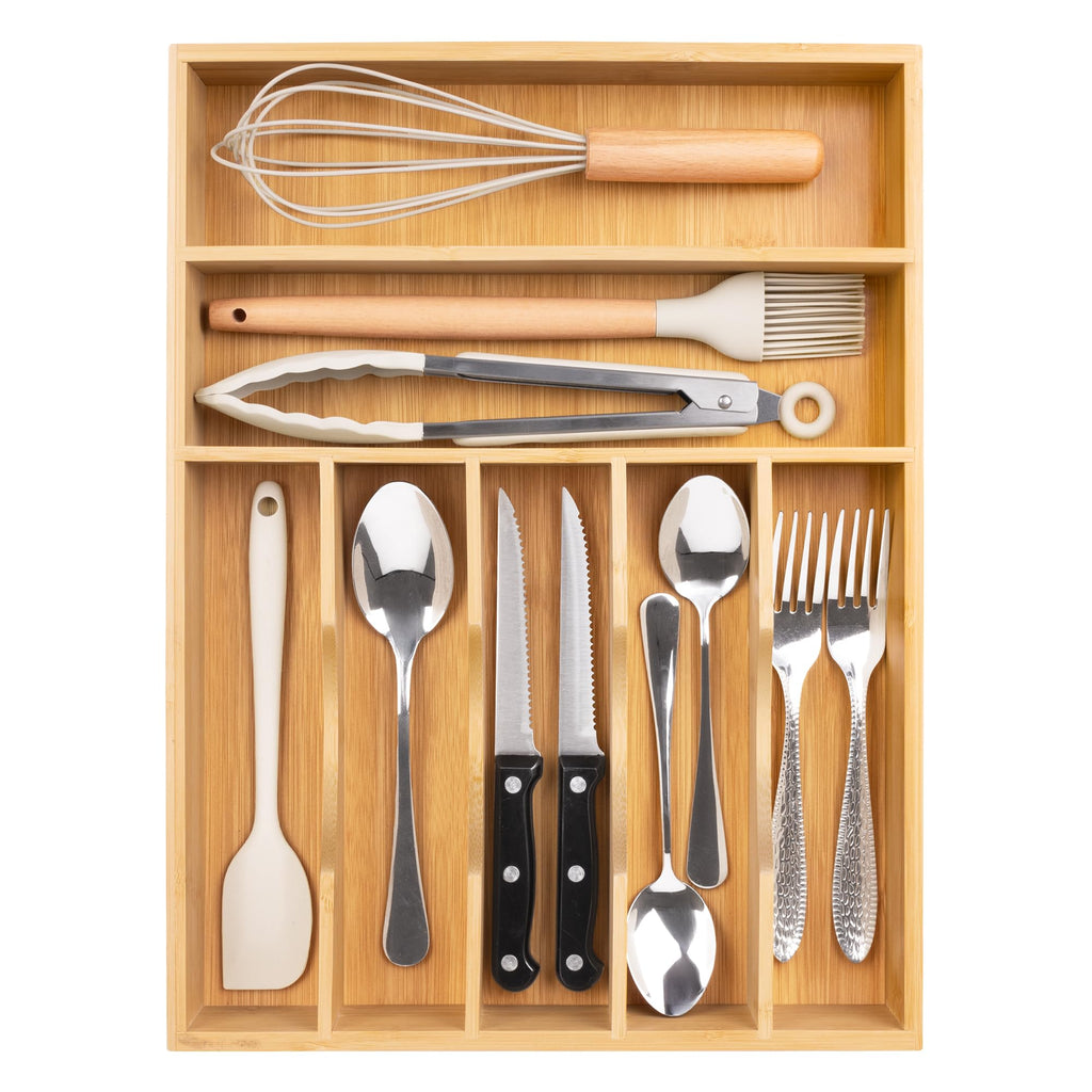Bellsal Utensil Organizer 10 Inch Silverware Tray for Drawer Utensil Holder Cutlery Organizer Kitchen Drawer Organizer 5 Compartment Small Narrow Bamboo