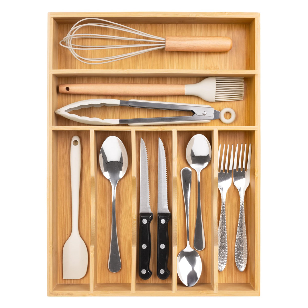 Bellsal Utensil Organizer 10 Inch Silverware Tray for Drawer Utensil Holder Cutlery Organizer Kitchen Drawer Organizer 5 Compartment Small Narrow Bamboo