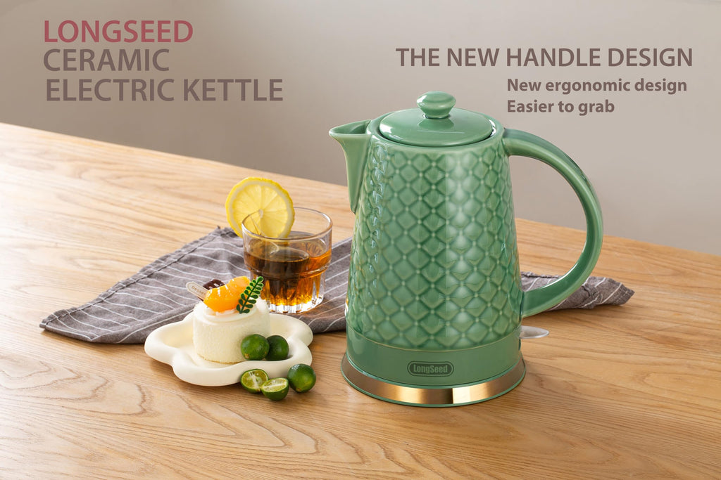 LONGSEED Ceramic Electric Kettle, 1.5L/1200W Boil Water Quickly and Easily with Boil-Dry Protection Auto Shut Off, Detachable Swivel Base, Green Relief Carving