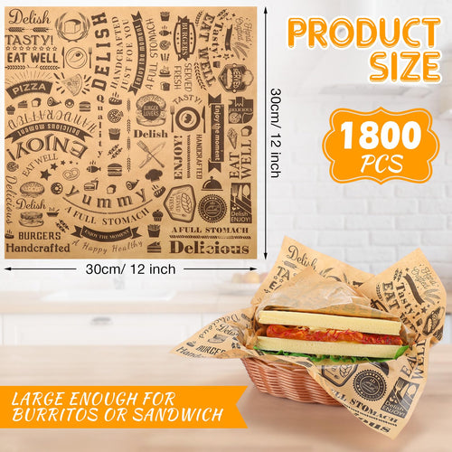 1800 Pcs 12 x 12 Inch Deli Wax Paper Sheets Grease Resistant Tray Basket Liners Newsprint Paper Water and Grease Proof Sandwich Wrapping Square Hot Dog Wrappers for Food Baking (Brown)