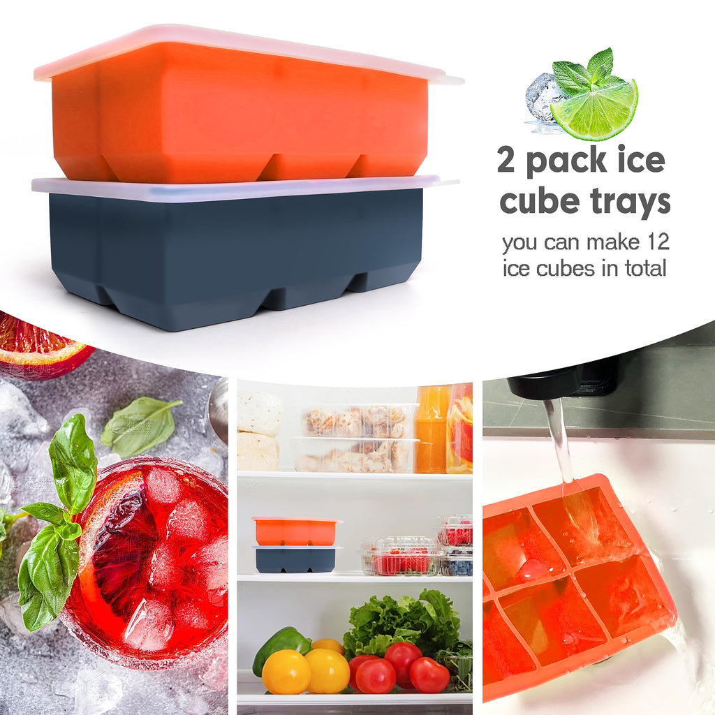 Silicone Ice Cube Trays with Lids,Large Square Ice Cube Molds for Freezer, Whiskey, Cocktail, Stackable Flexible and Reusable & Easy Release BPA Free (2 Pack&Dark Gray and Orange)