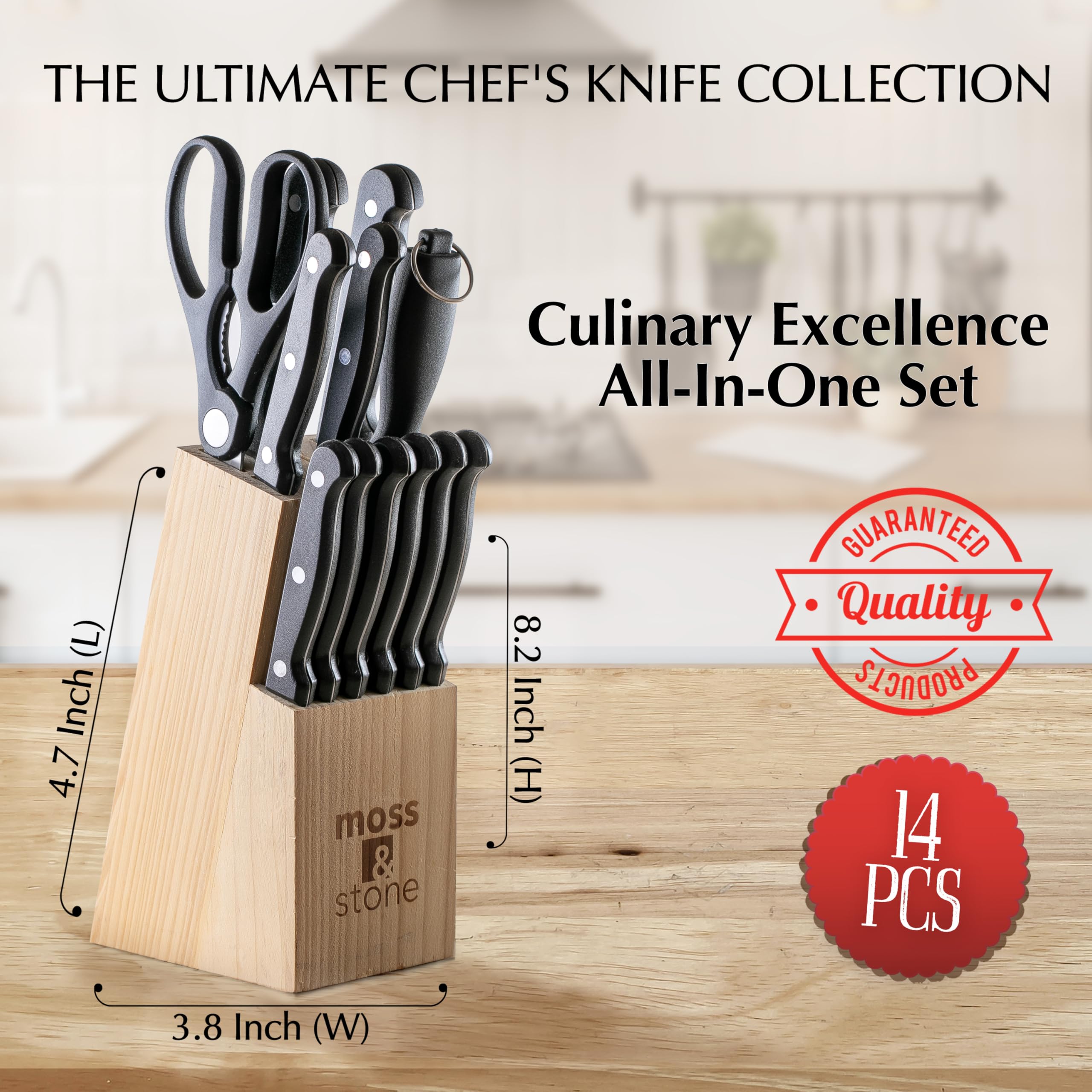 Moss & Stone 14 Pcs Kitchen Knife Set with Block, Stainless Steel