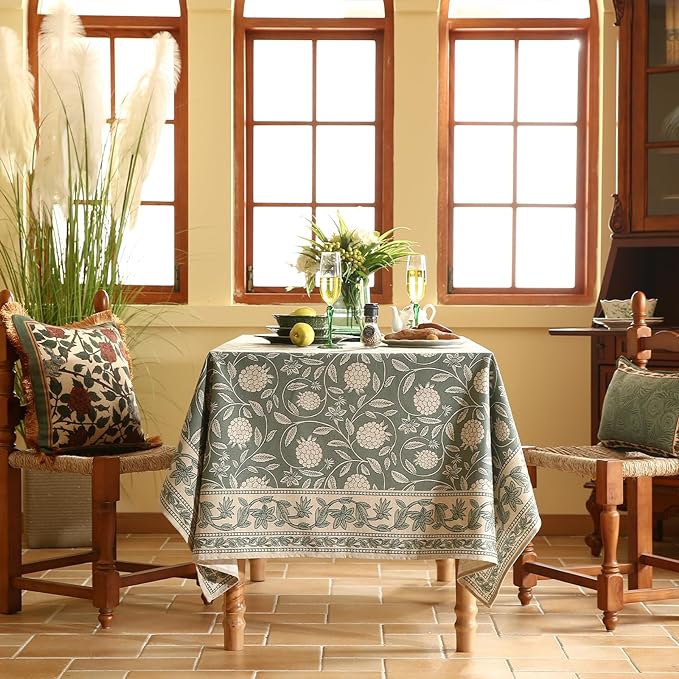 ISAENNE Designer Grayish Green Linen Small Tablecloth Rectangular,Floral Stain Resistant Table Cloth,Fall Vintage Decor Tablecloths for Dining Thanksgiving Kitchen Party,55"*71"-Andrew A