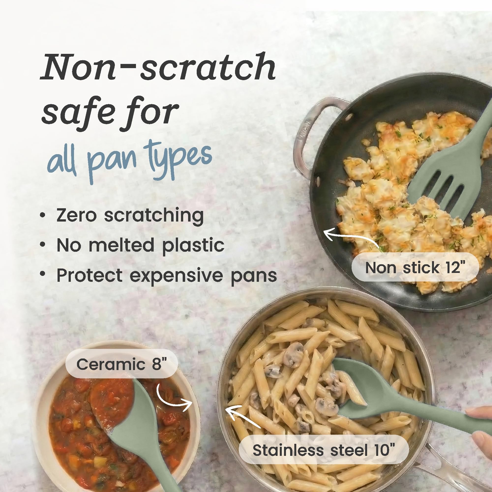 Starpack Stir and Serve Silicone Cooking Utensils Set (5-Piece, 11") - LFGB Non Toxic, 600°F Heat Resistant, BPA-Free - One-Piece Seamless, Dishwasher Safe - for Nonstick Cookware, Sage Green
