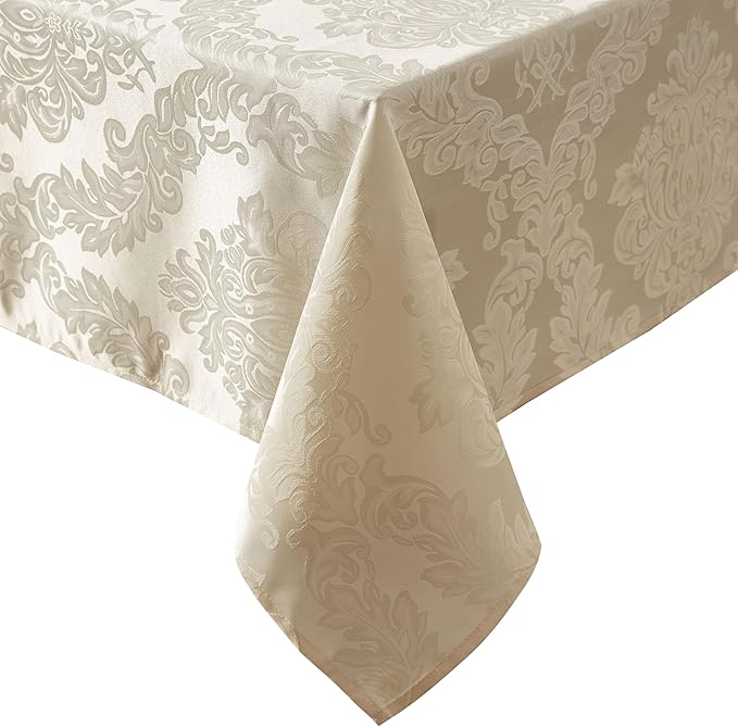 Newbridge Barcelona Luxury Damask Fabric Tablecloth, 52” Wide x 52” Square, Golden Beige, 100% Polyester, No Iron, Soil Resistant Dining Room, Party and Banquet Table Cover