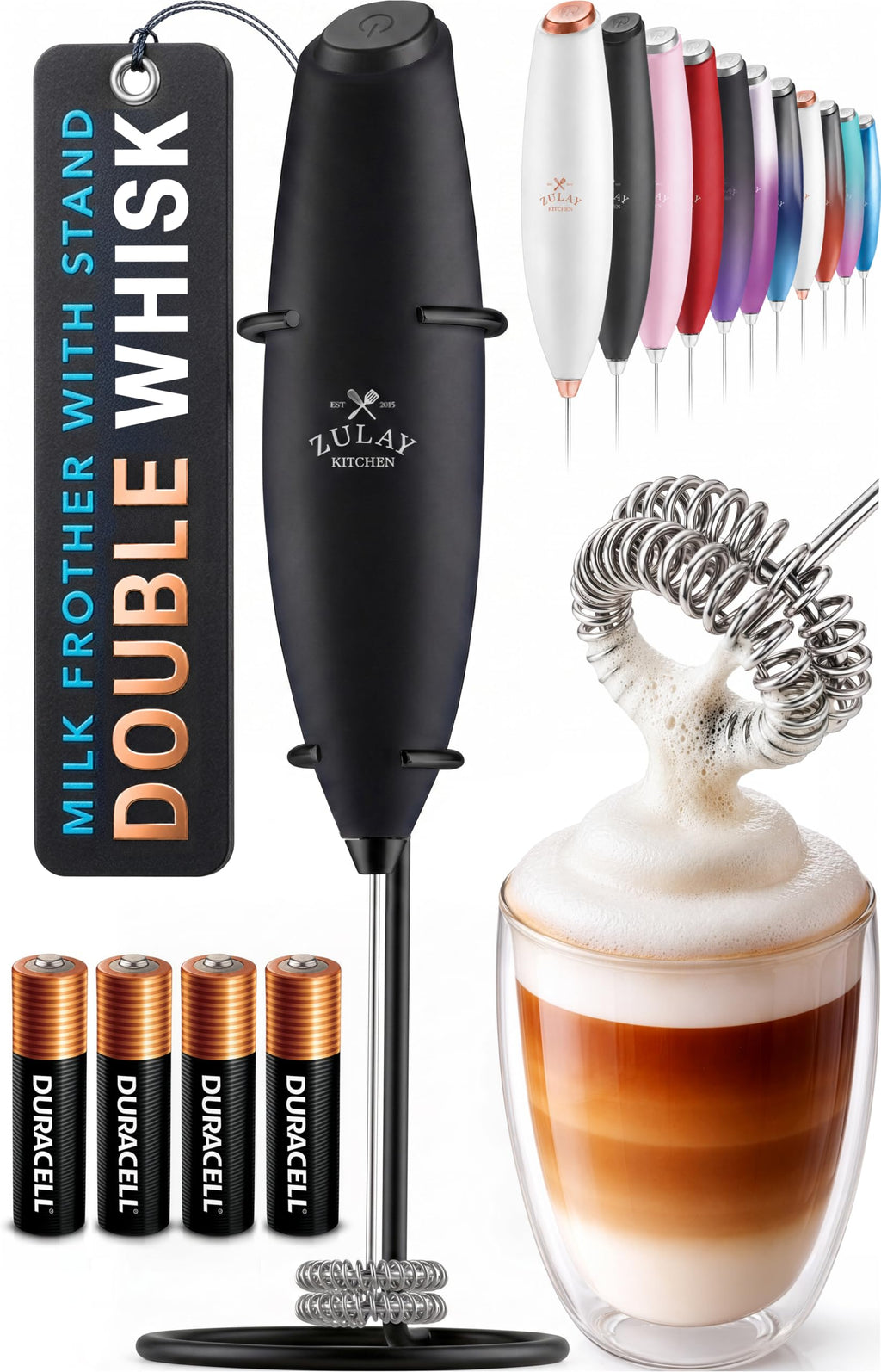 Zulay Kitchen Powerful Milk Frother Wand With Duracell Batteries - Ultra Fast Handheld Drink Mixer - Electric Whisk Foam Maker for Coffee, Lattes, Cappuccino & Matcha - Z1 Motor - Aqua