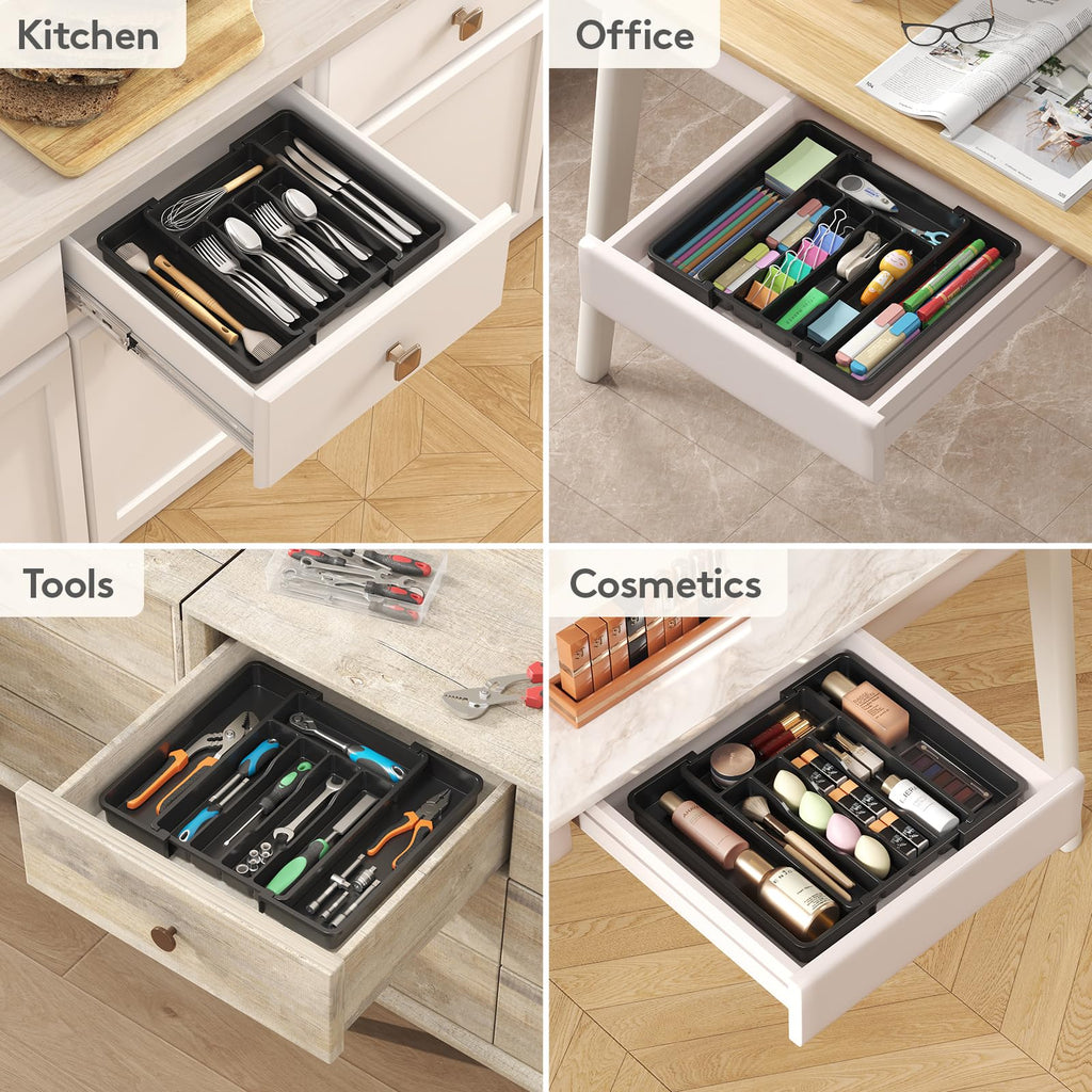 Lifewit Expandable Silverware Organizer, Plastic Utensil Tray for Kitchen Drawer, BPA Free Flatware Cutlery Holder, Space-Saving Storage for Spoons Forks Knives, 8-13.8 x 11.2 x 1.4 inch, Black