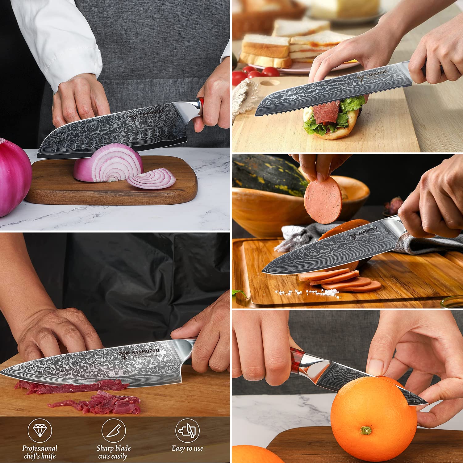 SANMUZUO Chef Cooking Knives Set- Kitchen Knife Set of 5 Piece - Ultra-Sharp VG10 Damascus Steel & Resin Handle - Xuan Series (Sunset Red)