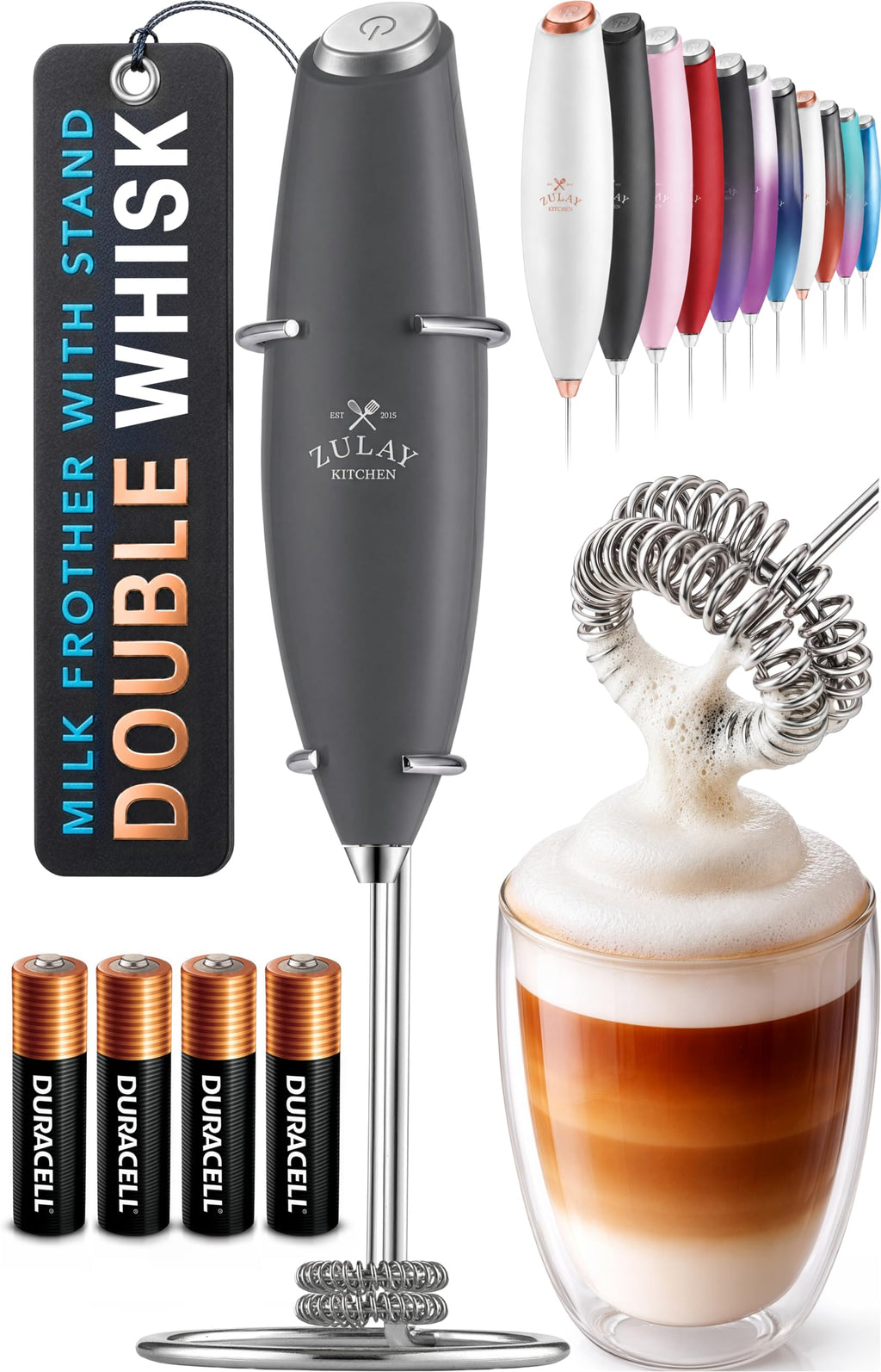 Zulay Kitchen Powerful Milk Frother Wand With Duracell Batteries - Ultra Fast Handheld Drink Mixer - Electric Whisk Foam Maker for Coffee, Lattes, Cappuccino & Matcha - Z1 Motor - Aqua