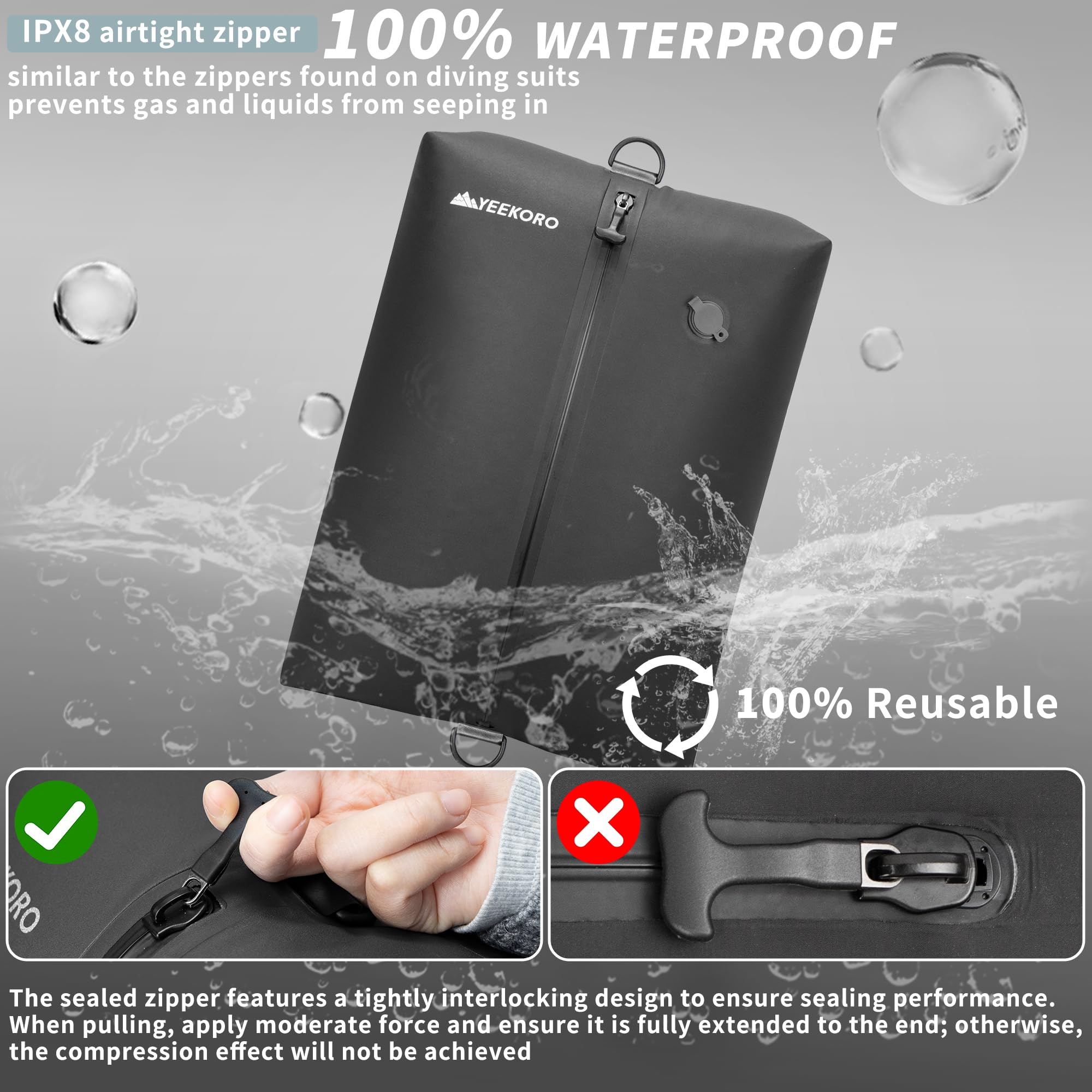 YEEKORO Vacuum Bag for Travel,IPX8 Waterproof Reusable Compression Bags