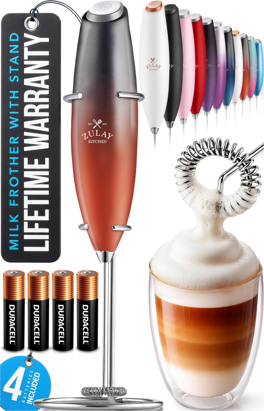Zulay Kitchen Powerful Milk Frother Wand With Duracell Batteries - Ultra Fast Handheld Drink Mixer - Electric Whisk Foam Maker for Coffee, Lattes, Cappuccino & Matcha - Z1 Motor - Aqua