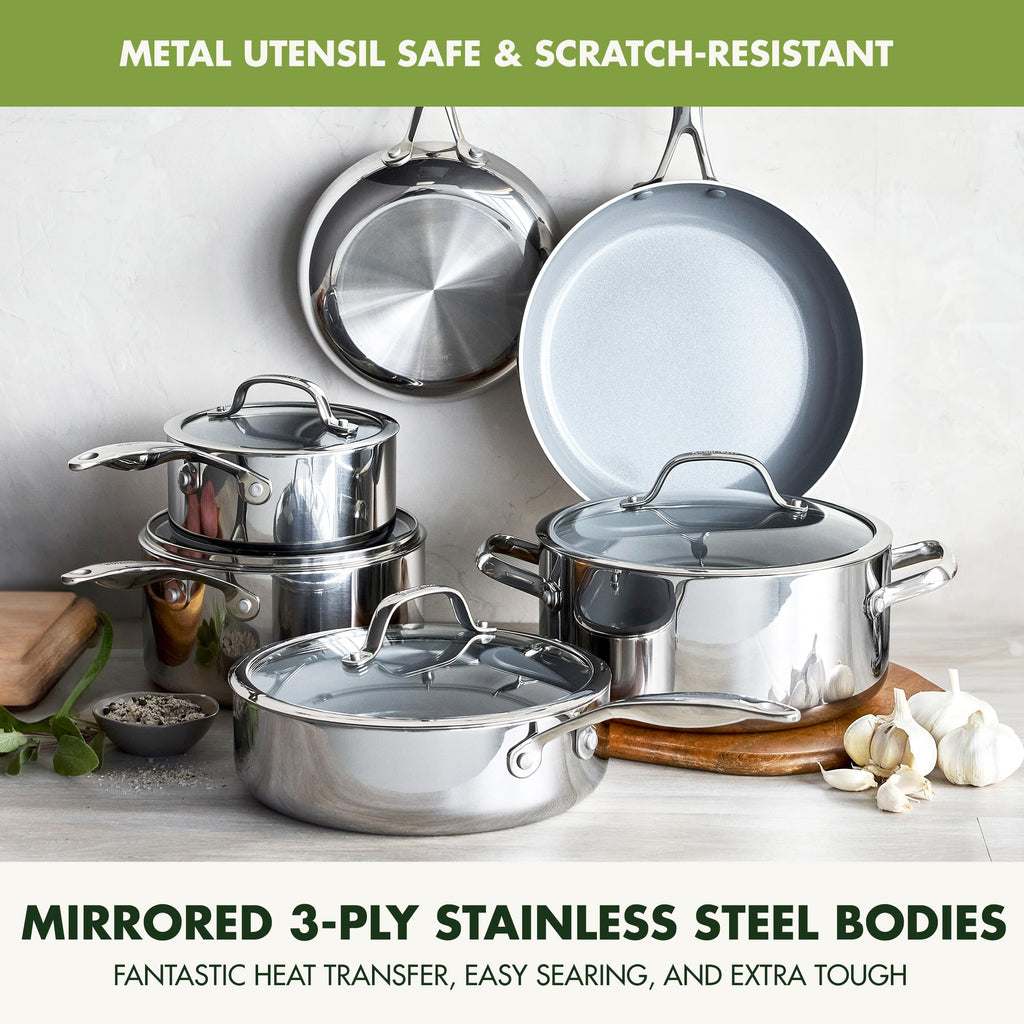 GreenPan Valencia Pro Tri-Ply Stainless Steel 10 Piece Cookware Set, PFAS-Free Ceramic Nonstick Coating, Induction Ready Pots & Pans, All Cooktops, Dishwasher & Oven Safe to 600F