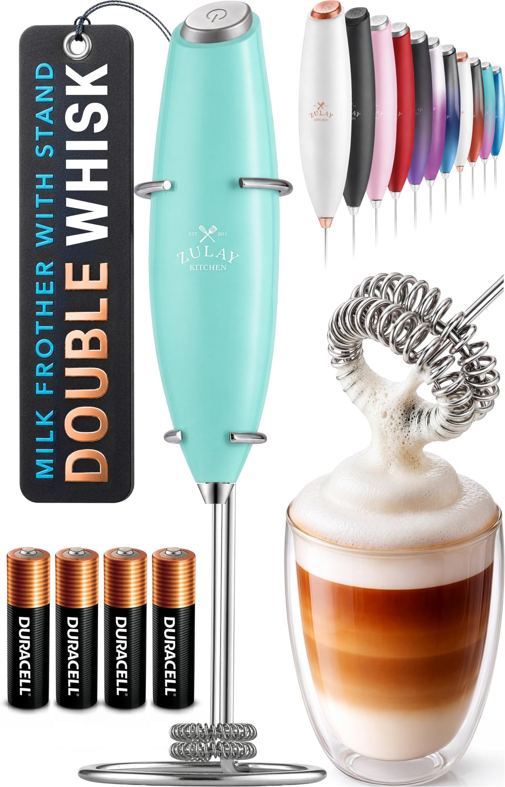 Zulay Kitchen Powerful Milk Frother Wand With Duracell Batteries - Ultra Fast Handheld Drink Mixer - Electric Whisk Foam Maker for Coffee, Lattes, Cappuccino & Matcha - Z1 Motor - Aqua