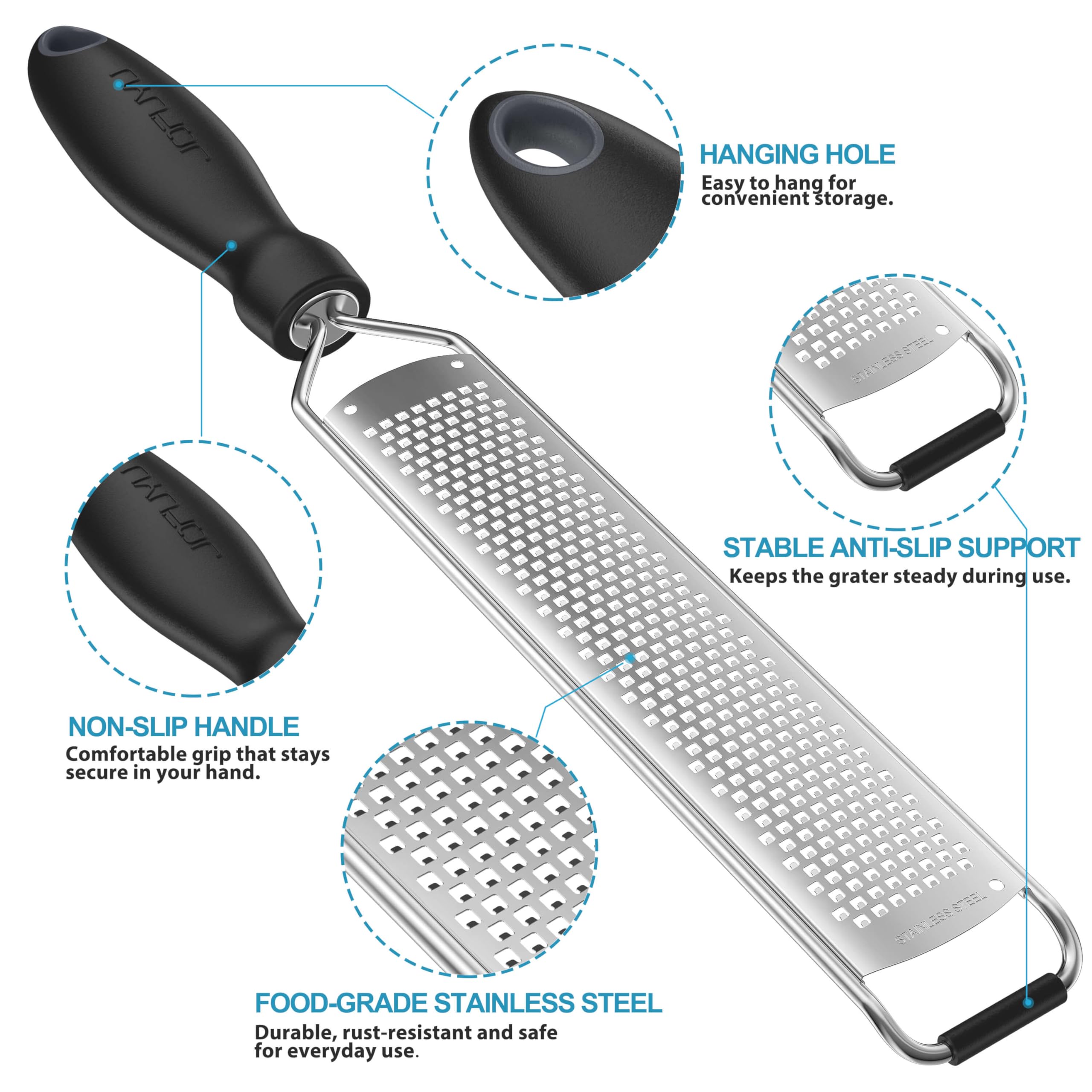 Zester Grater, Lemon Zester Grater with Handle, Premium Stainless Steel Citrus Zester for Parmesan, Garlic, Chocolate, Ginger, Non-Slip Grip, Safety Cover & Cleaning Brush, Black