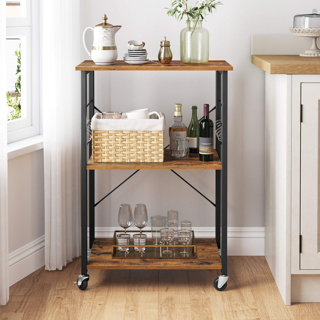 VASAGLE Kitchen Shelf on Wheels, 23.6 Inches Serving Cart with 3 Shelves, Kitchen Cart, Microwave Shelf, for Mini Oven, Toaster, with 6 Hooks, Industrial Style, Rustic Brown and Ink Black UKKS60XV1