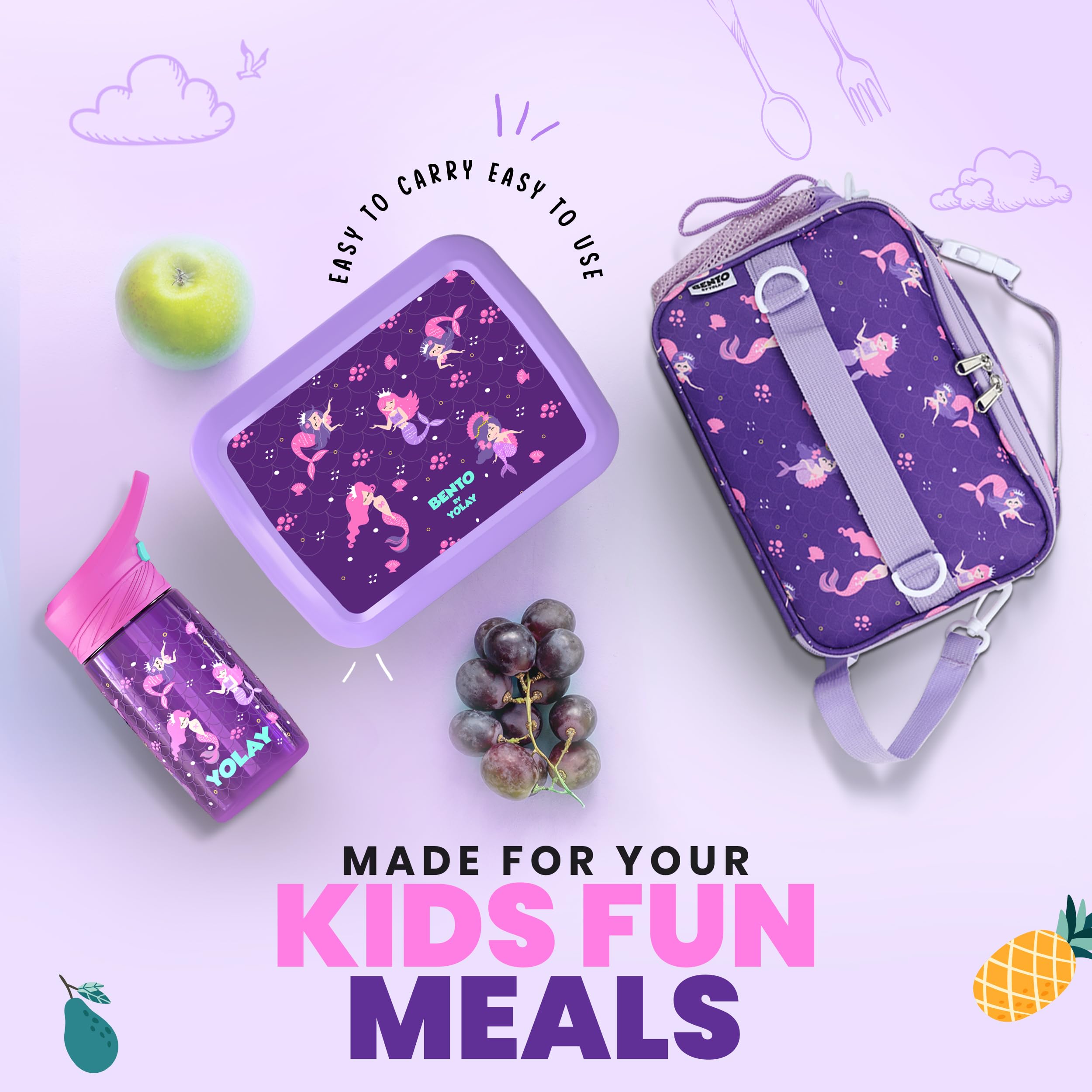 YOLAY Bento Box for Kids Lunch Box Leak-Proof, 5-Compartment Lunch Box Kids for Ages 3-10, Durable with Anti-Slip Base, Suitable for Schools, Outdoor and Travel (Mermaid)