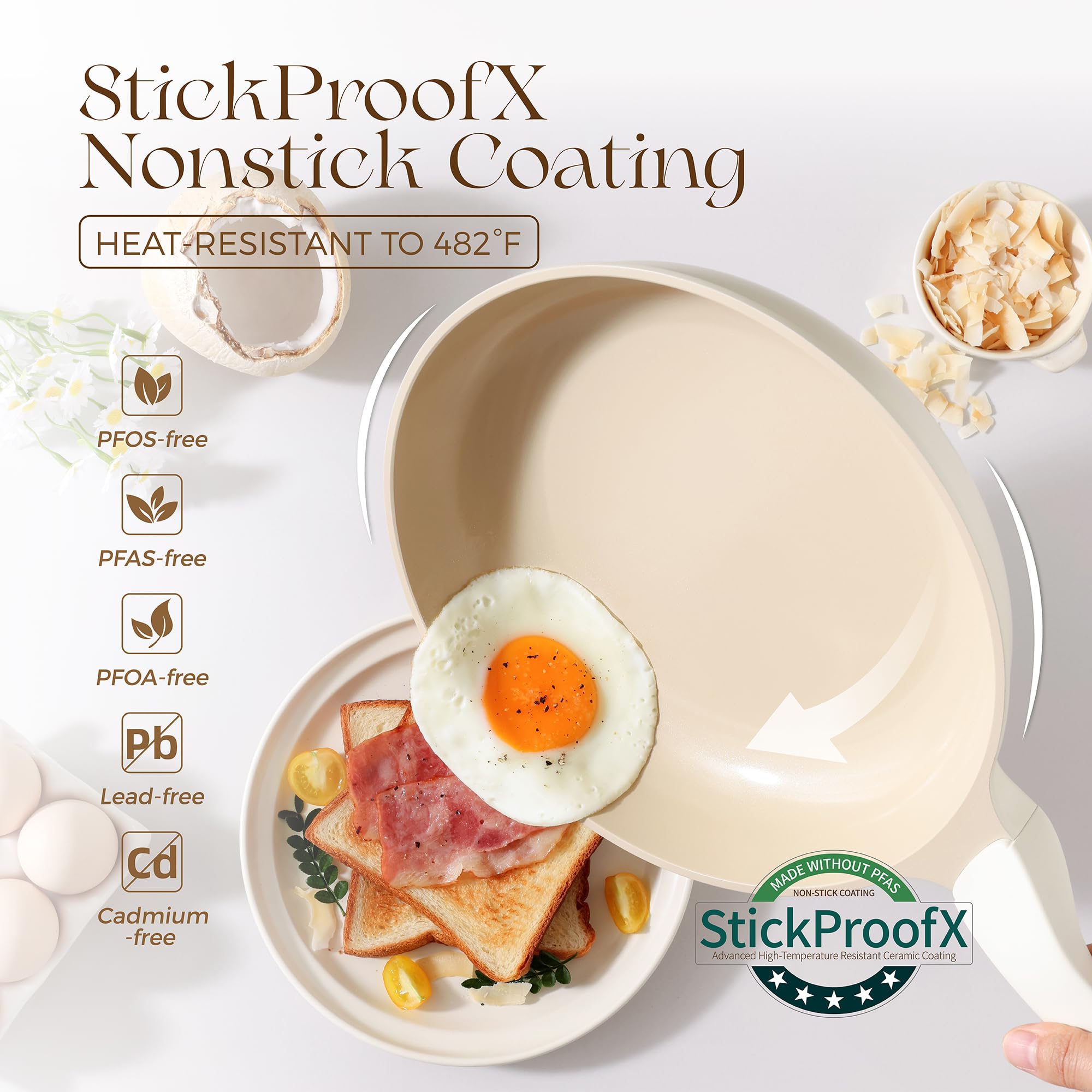 PRICUSIS Nonstick Ceramic Frying Pan, 8/10 Inch Skillet with Stay Cool Handle, Fully Coated, Induction Compatible, 100% Dishwasher Safe, PTFE PFAS & PFOA Free（8 Inch, Coconut White）