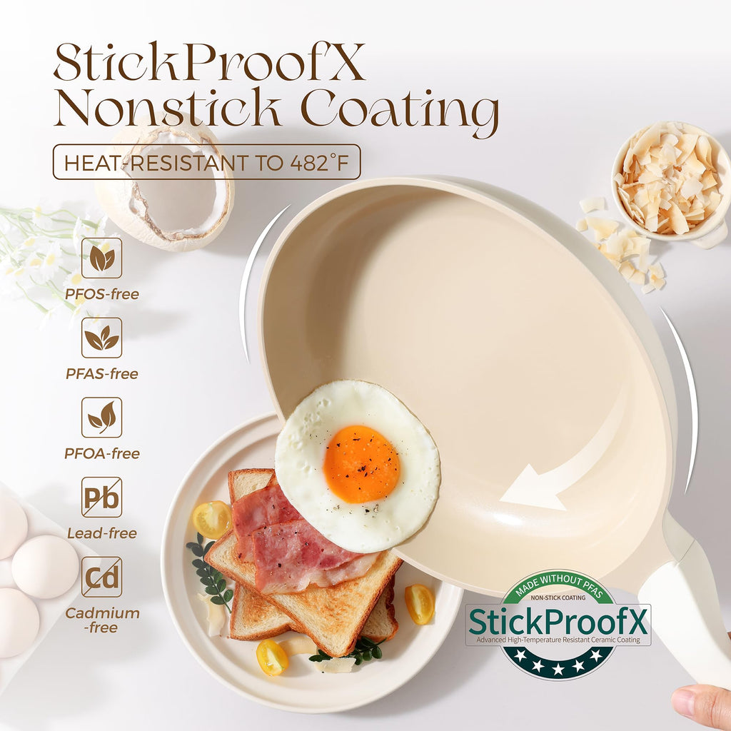 PRICUSIS Nonstick Ceramic Frying Pan with Lid, 8/10 Inch Skillet with Stay Cool Handle, Fully Coated, 100% Dishwasher Safe, PTFE PFAS & PFOA Free (10 Inch, Coconut White