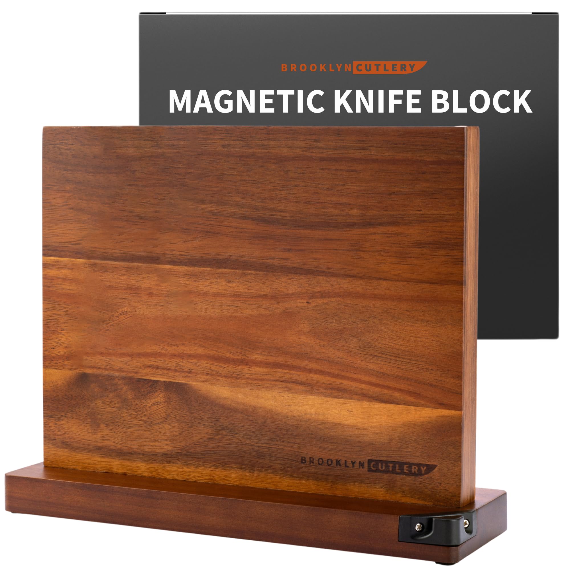 BROOKLYN CUTLERY Magnetic Knife Block, Acacia Wood Magnetic Knife Holder for Kitchen Counter Universal Knife Block Without Knives (12 x 10 With Sharpener)