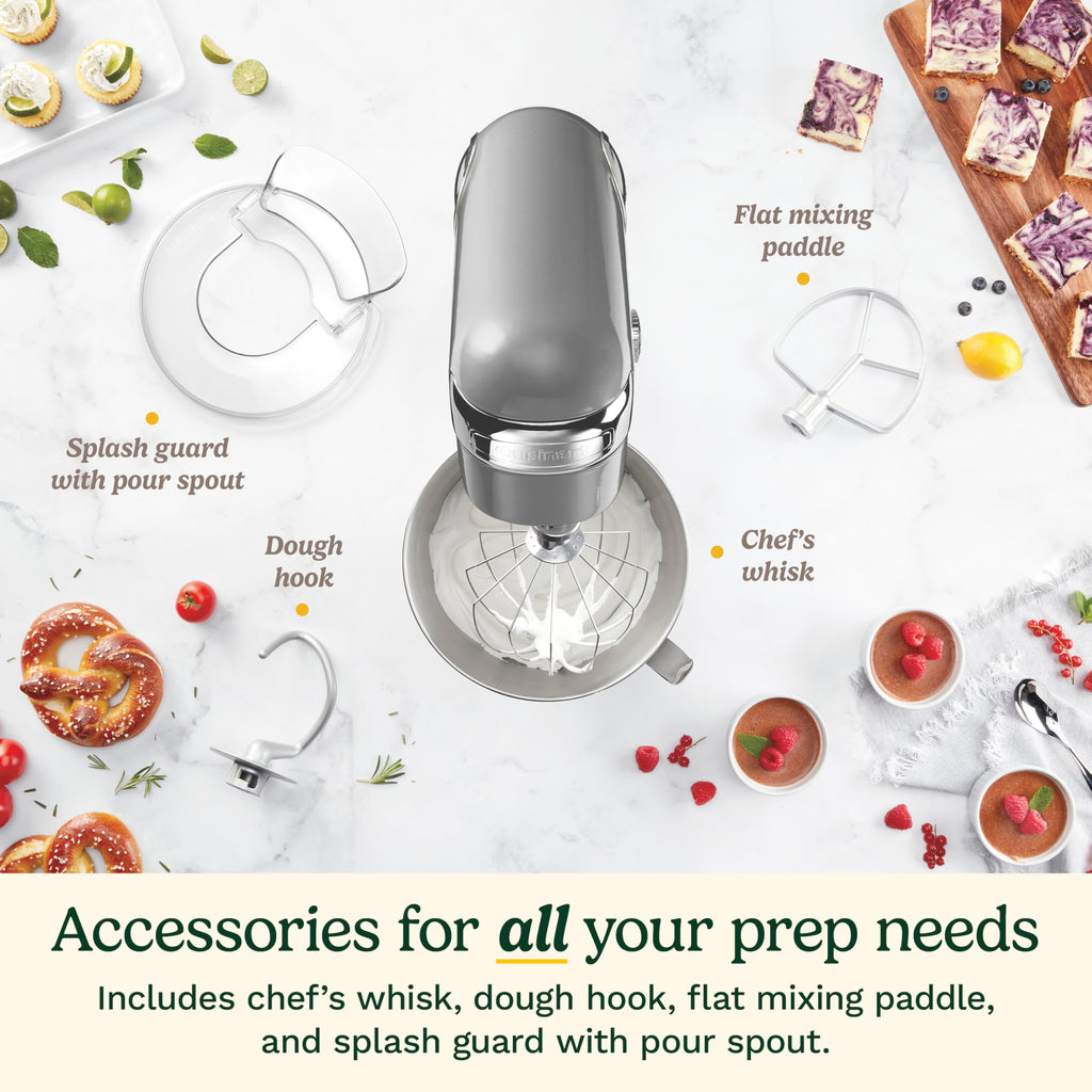 Cuisinart Stand Mixer, 12 Speeds, 5.5-Quart Mixing Bowl, Chef's Whisk, Flat Mixing Paddle, Dough Hook, and Splash Guard with Pour Spout, Silver Lining, SM-50BCNAS, Silver Lining