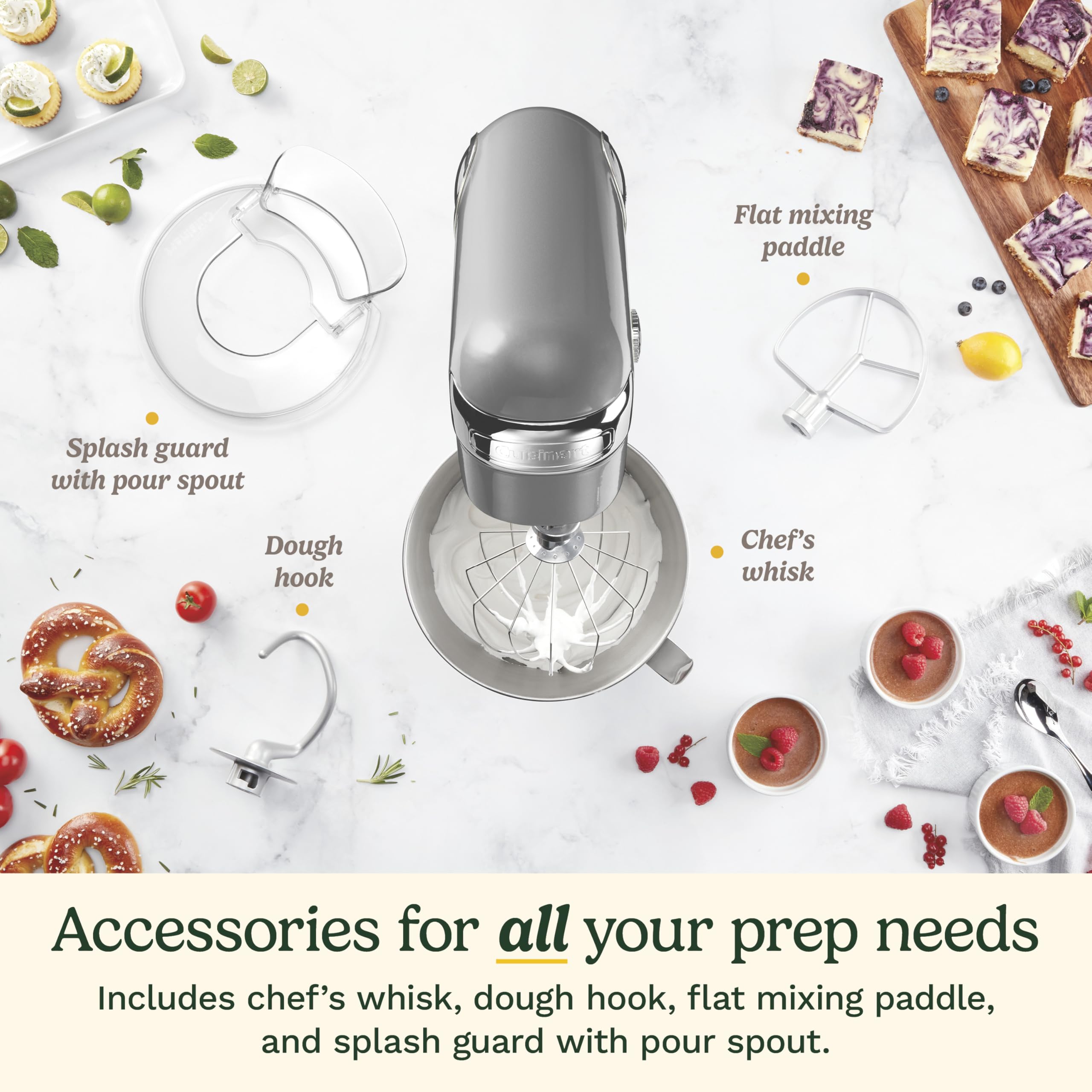 Cuisinart Stand Mixer, 12 Speeds, 5.5-Quart Mixing Bowl, Chef's Whisk, Flat Mixing Paddle, Dough Hook, and Splash Guard with Pour Spout, Silver Lining, SM-50BCNAS, Silver Lining