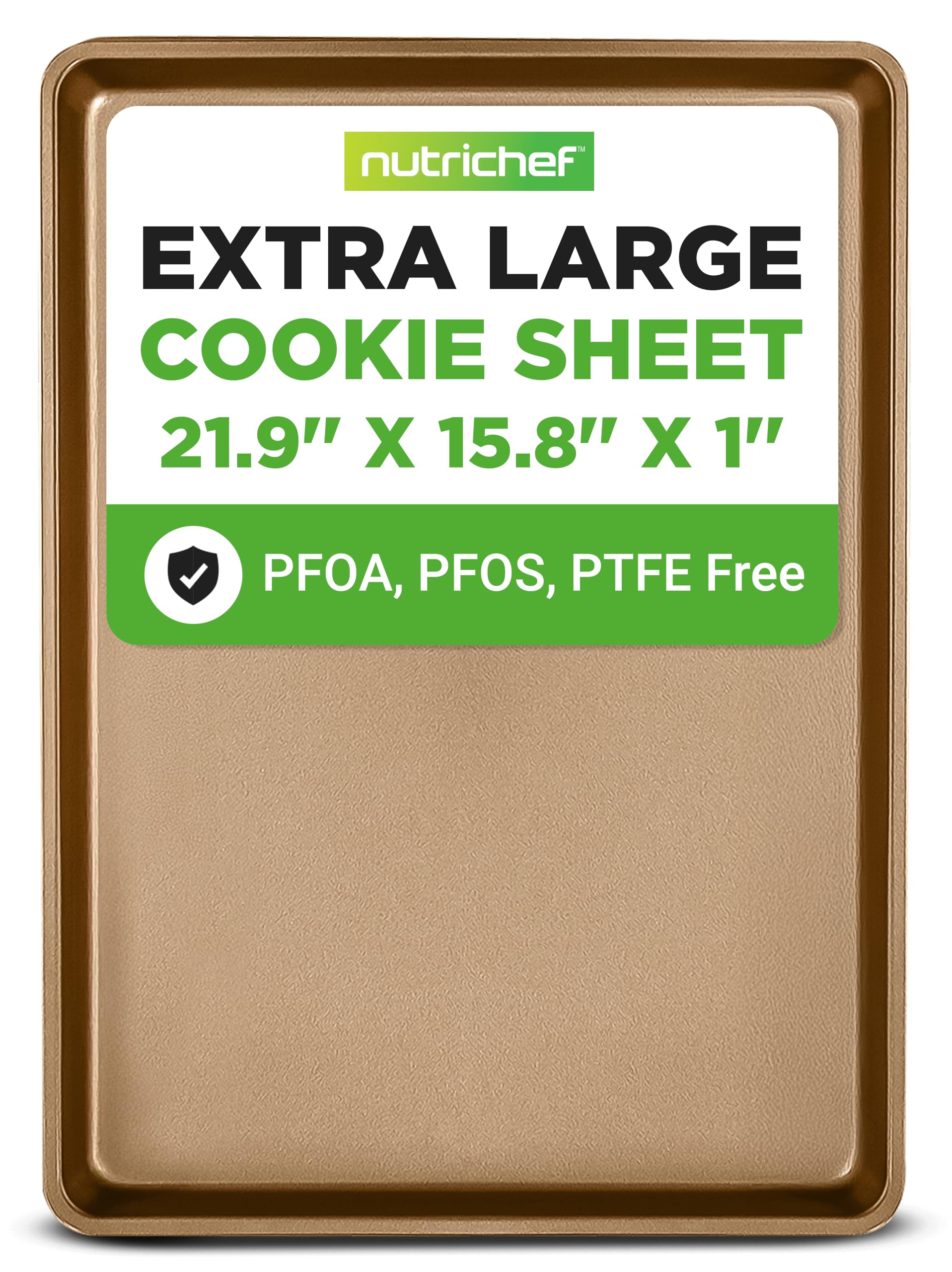 NutriChef Nonstick XL Cookie Sheet Baking Pan - Extra Large 22" x 16" Carbon Steel Oven Baking Sheet for Pastries, Desserts, & More - Dishwasher Safe, Gold