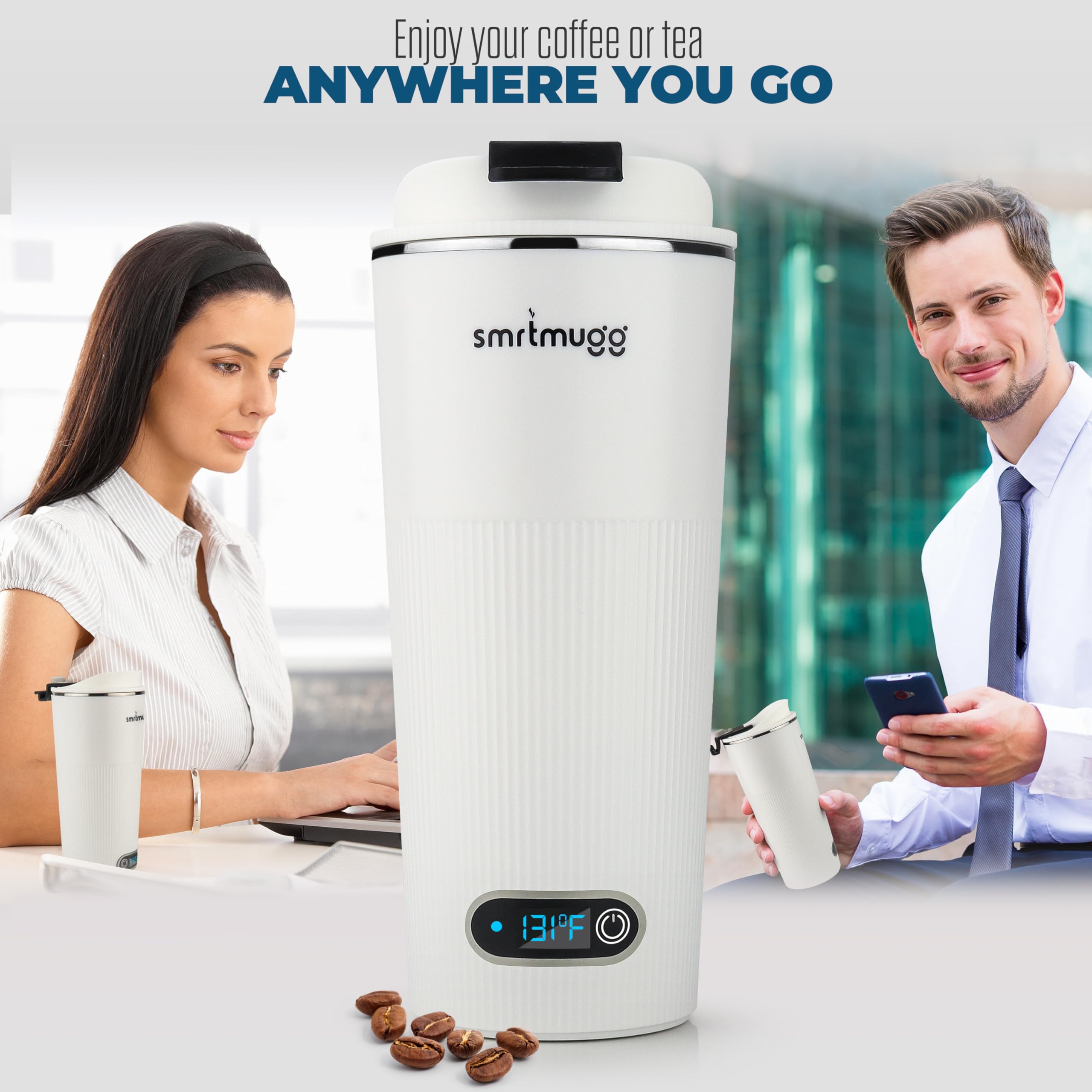 SmrtMugg GO Heated Coffee Mug, Travel Mug, 13.5 OZ. Smart Mug, Battery Powered Heated Coffee Mug, Great for Coffee and Tea, Snap on Magnetic Charging Cord, New and Improved (White)