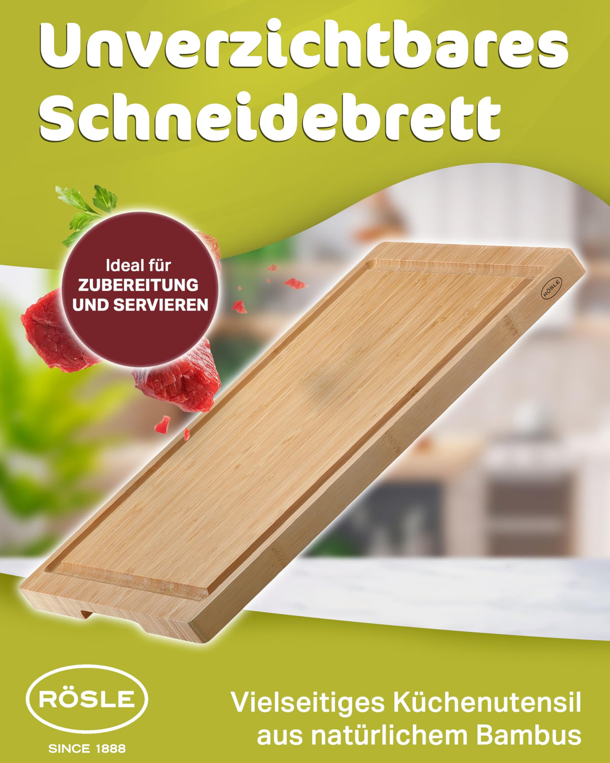 Rsle Basics Line Bamboo Cutting Board with Drip Channel, 15in x 10in
