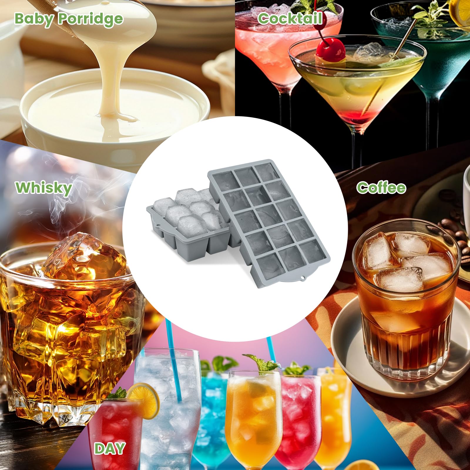 FANYITY Silicone Ice Cube Tray with Lid, Gray, Pack of 2 Ice Cube Moulds, Silicone Mould, BPA-Free, Stackable Ice Cube Tray, Ice Cube Trays for Baby Porridge, Cocktail, Whiskey, Coffee