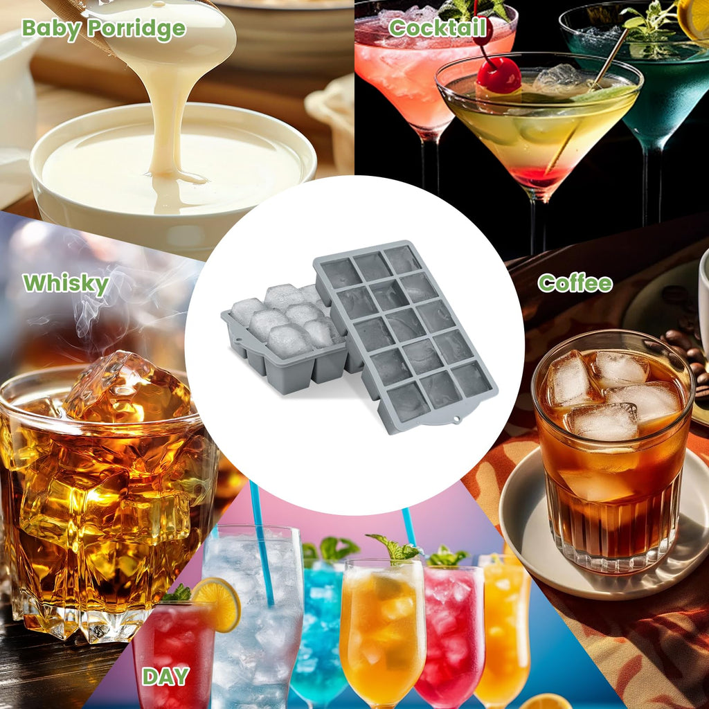 Silicone Ice Cube Tray, 2 Pack Easy-Release Stackable Ice Trays for Freezer with Lid 15 Reusable Cubes, Food Grade BPA Free Ice Molds for Whiskey, Baby Food, Coffee, Cocktail, Drinks (Grey)