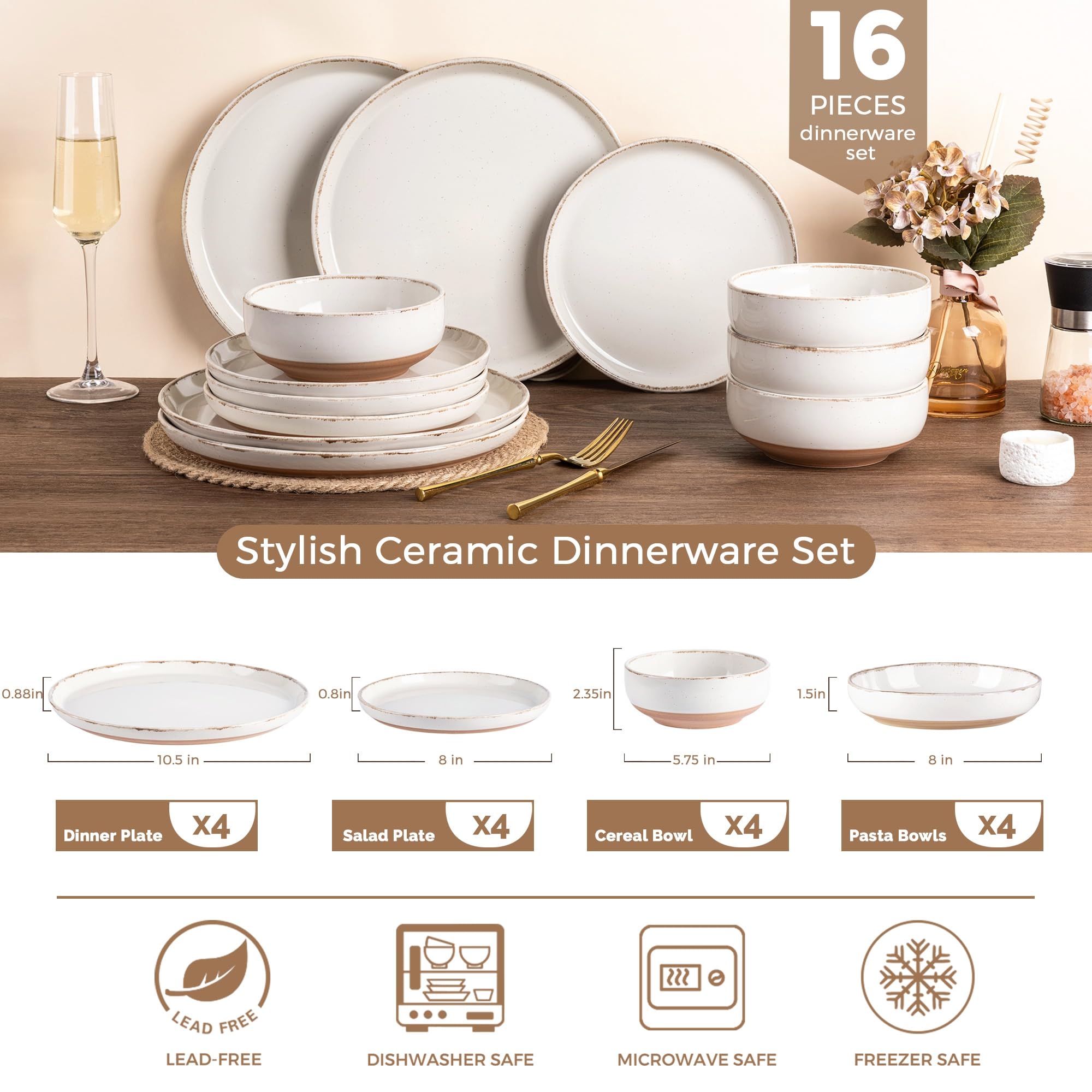 AmorArc Dinnerware Sets with Pasta Bowls for 4, Handpainted Stoneware Plates and Bowls Set with Rustic Terracotta Underside, Scratch Resistant Dishes Set, Dishwasher & Microwave Safe, 16 Pcs