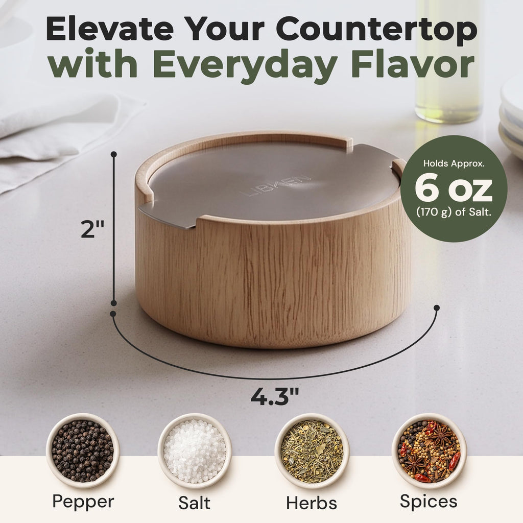 Wooden Salt Cellar with Stainless Steel Lid - 6 Oz Flaky Salt Container