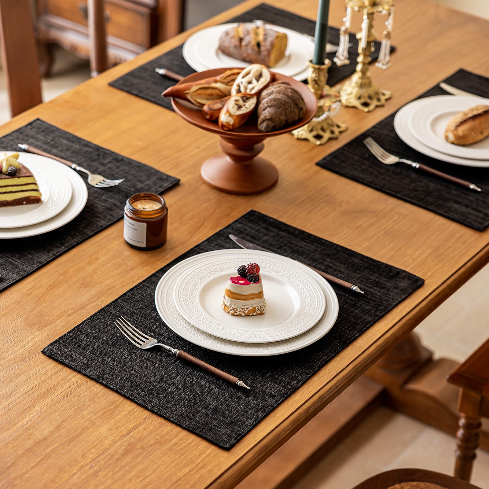 KXN Placemats Set of 4, Dual-Layer Thickened Faux Linen Table Mats, Heat Resistant & Wrinkle-Free, Machine Washable Cloth Place Mats for Kitchen Dining Indoor Outdoor (Black)