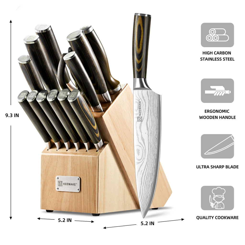 KEEMAKE 14 Piece Kitchen Knife Set with Wood Block