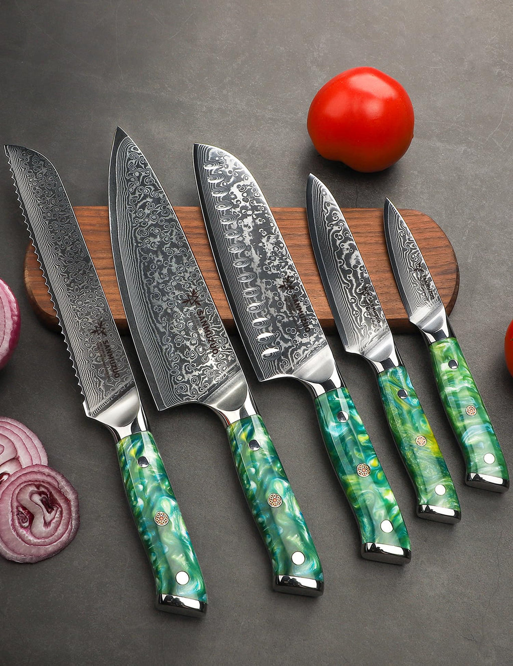 SANMUZUO Chef Cooking Knives Set- Kitchen Knife Set of 5 Piece - Ultra-Sharp VG10 Damascus Steel & Resin Handle - Xuan Series (Jade Green)