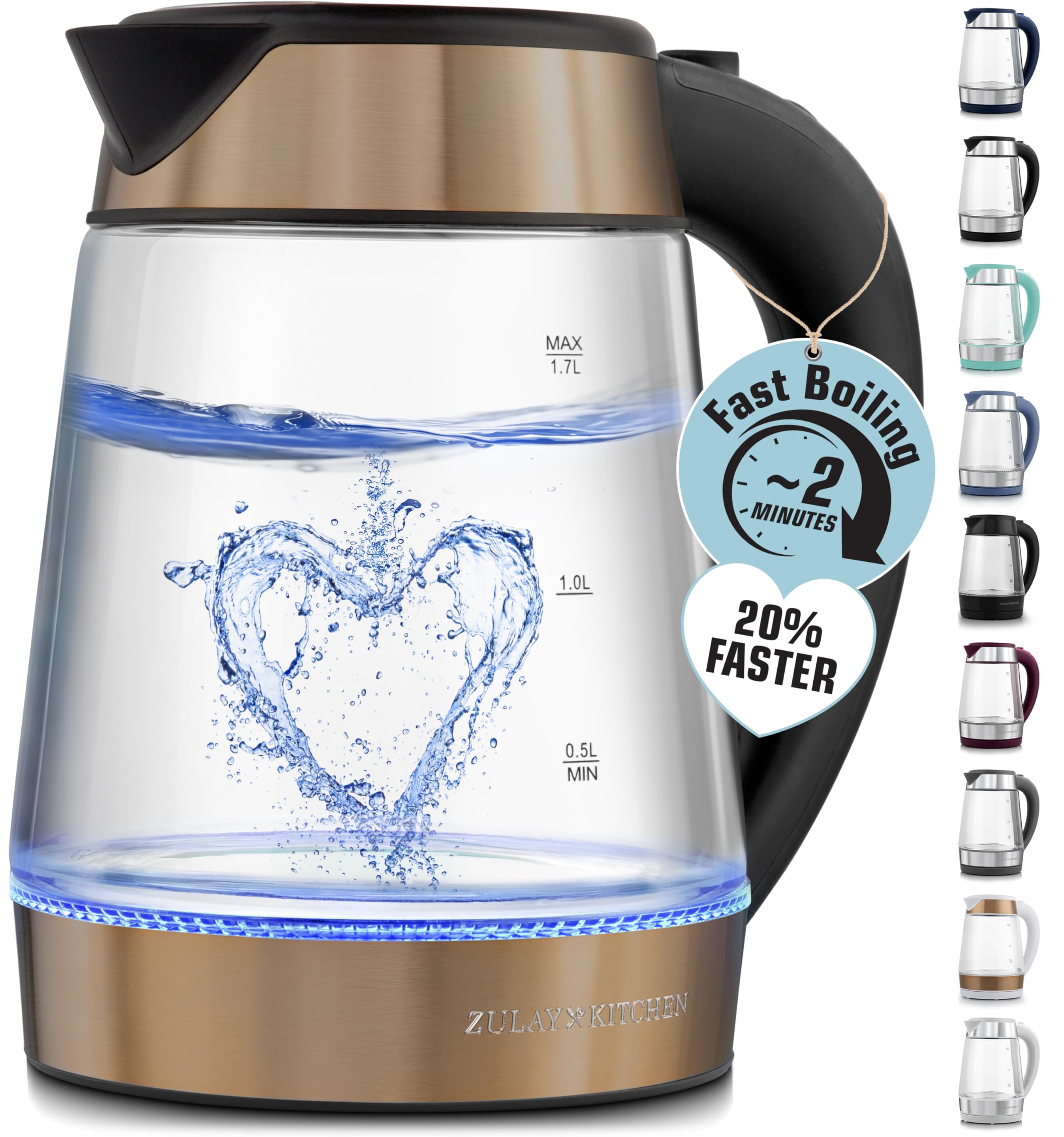 Zulay Kitchen Fast Boiling Electric Water Kettle - 1.7L, 1500W, Auto Shut-Off for Overboil & Boil Dry Protection, Cool-Touch Handle, 360° Base - Rapid Teapot Boiler For Coffee & Tea - Black Copper