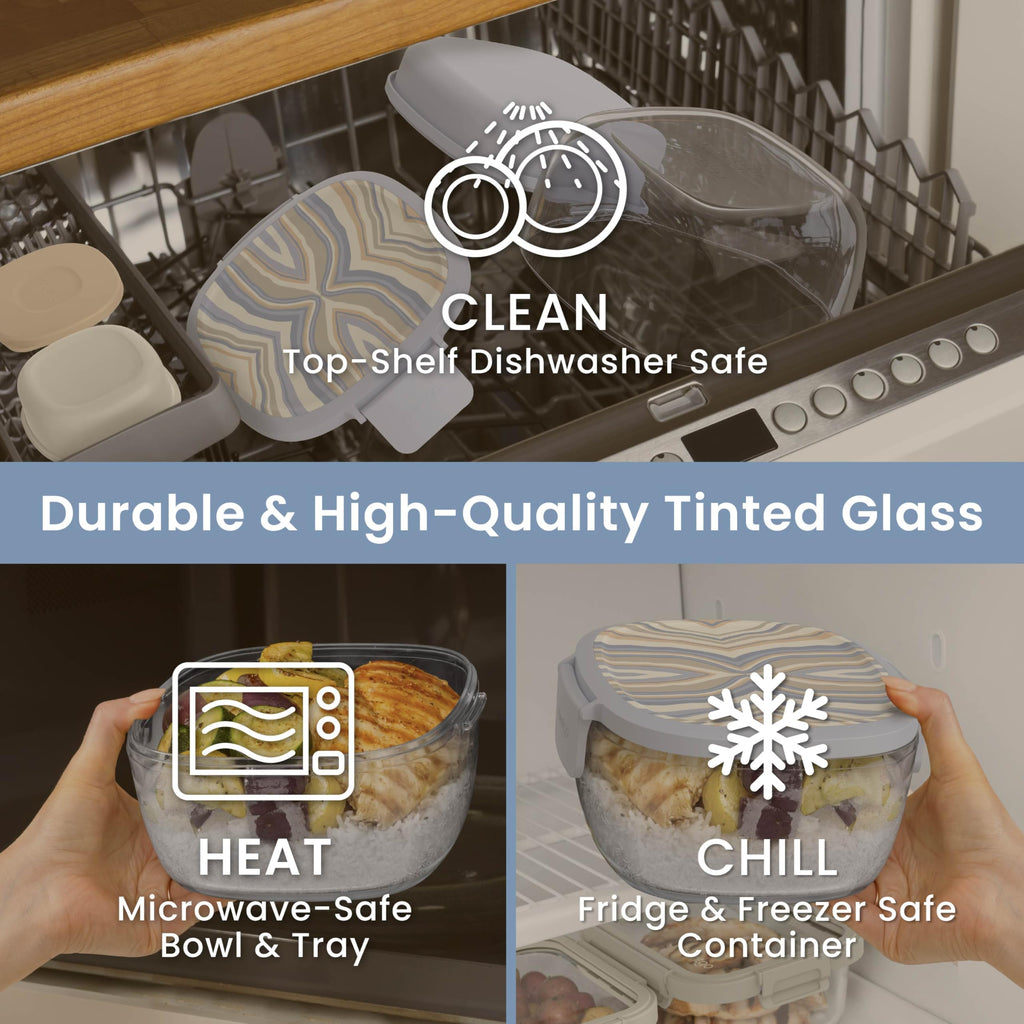 Bentgo Glass Prints Salad Container - 7.6-Cup Tinted Glass Salad Bowl with Airtight Lid, Leak-Proof Sauce Container, 4-Compartment Bento Meal Prep Tray & Reusable Fork (Wildly Chic - Soft Blue)