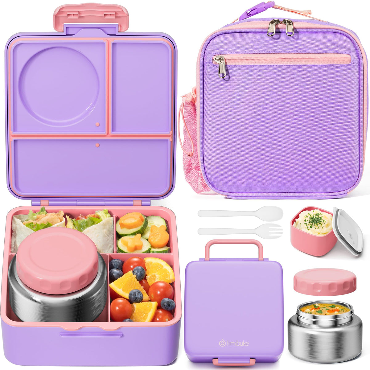 Fimibuke 60oz Kids Bento lunch Box with Insulated Lunch Bag & 8.5oz Thermo