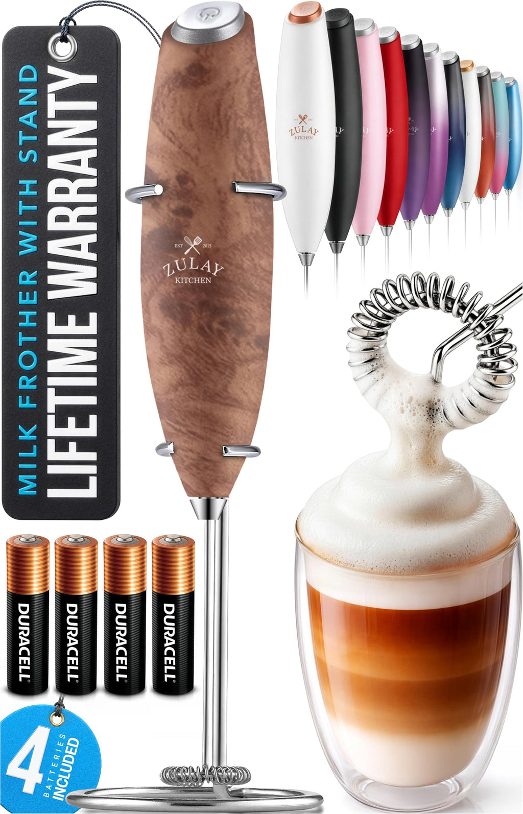 Zulay Kitchen Powerful Milk Frother Wand With Duracell Batteries - Ultra Fast Handheld Drink Mixer - Electric Whisk Foam Maker for Coffee, Lattes, Cappuccino & Matcha - Z1 Motor - Walnut