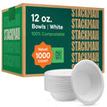 100% Compostable Paper Bowls 12 oz. [1000 Count] Heavy-Duty Soup Bowls - Natural White Color Unbleached Bagasse Bowls - Eco-Friendly Disposable Biodegradable Sugarcane - [Bulk Case 8 x 125 Pack]
