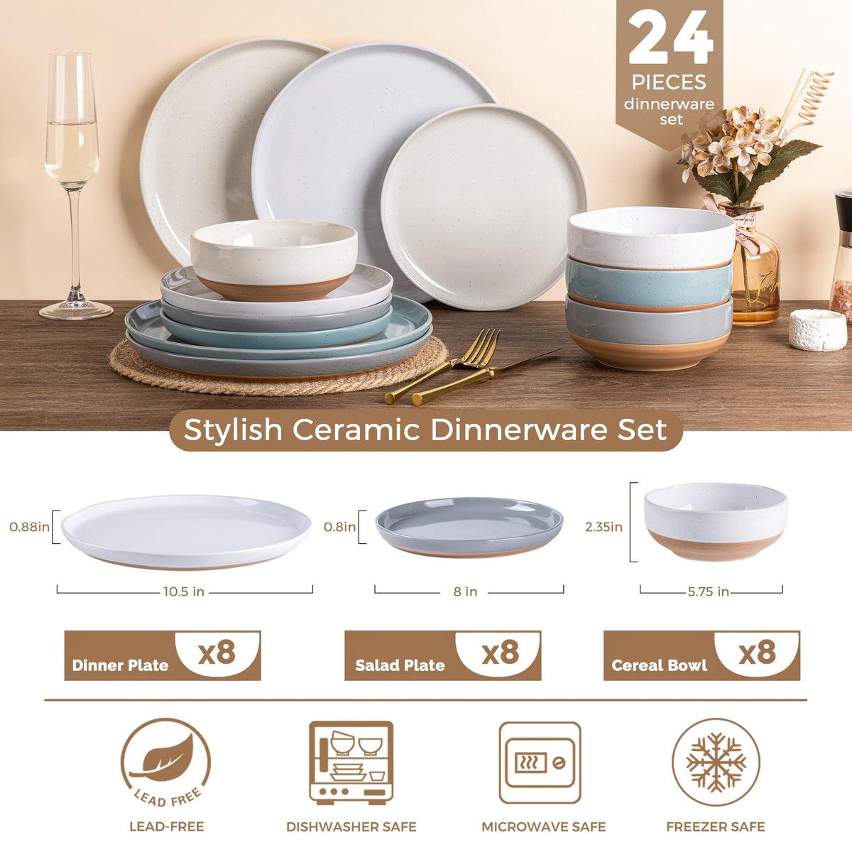 AmorArc Dinnerware Sets for 8, 24 Pieces Ceramic Plates and Bowls Set