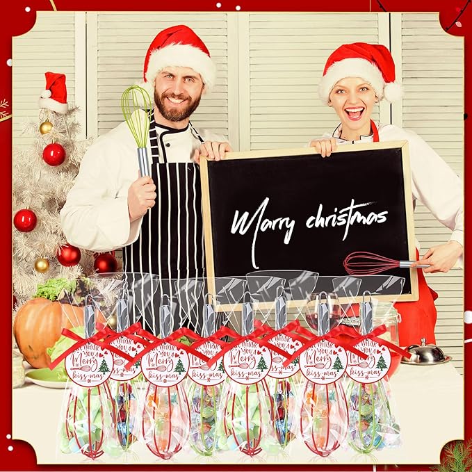 16 Sets 8 Inch Christmas Whisks Gifts DIY Fillable Christmas Tree Ornaments Xmas Colored Silicone Whisks for Cooking Heat Resistant Egg Beaters with Card Rope Bag for Candy Holder